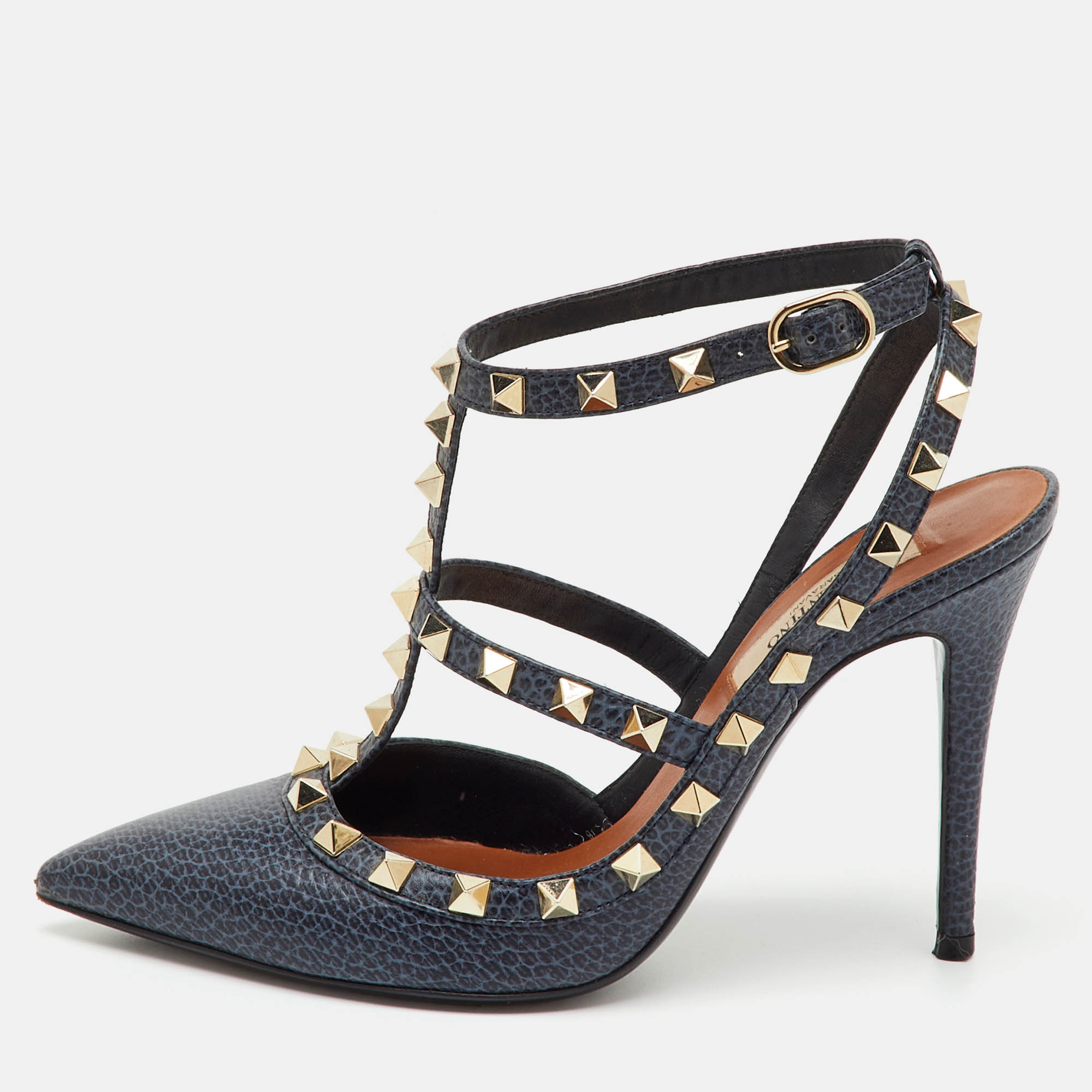 Pre-owned Valentino Garavani Navy Blue Leather Rockstud Ankle Strap Pumps Size 36