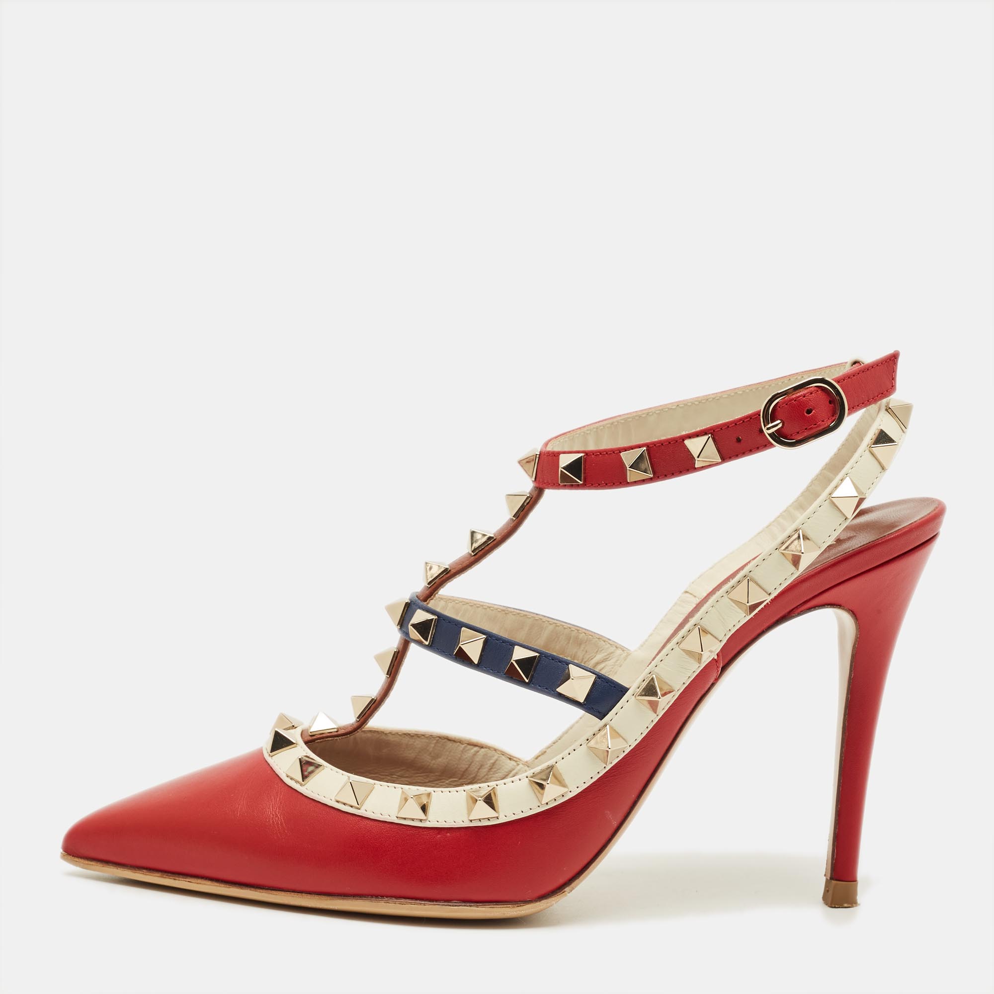 Pre-owned Valentino Garavani Red/beige Patent Leather Rockstud Ankle Strap Pumps Size 37.5