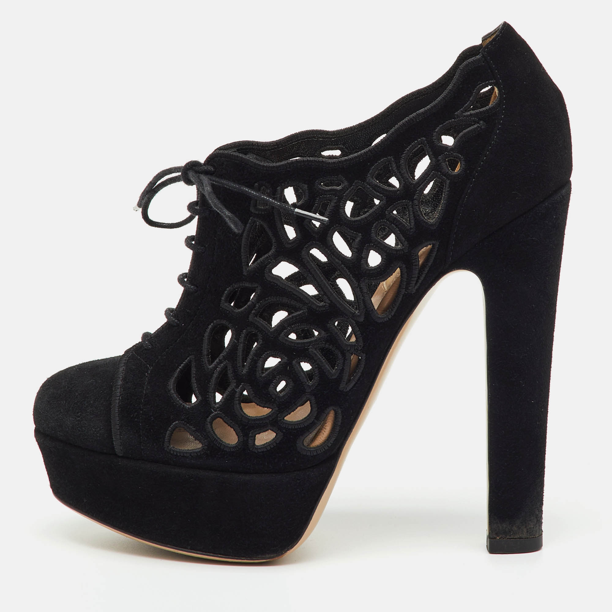 Pre-owned Valentino Garavani Black Suede Cut Out Lace Up Platform Booties Size 36