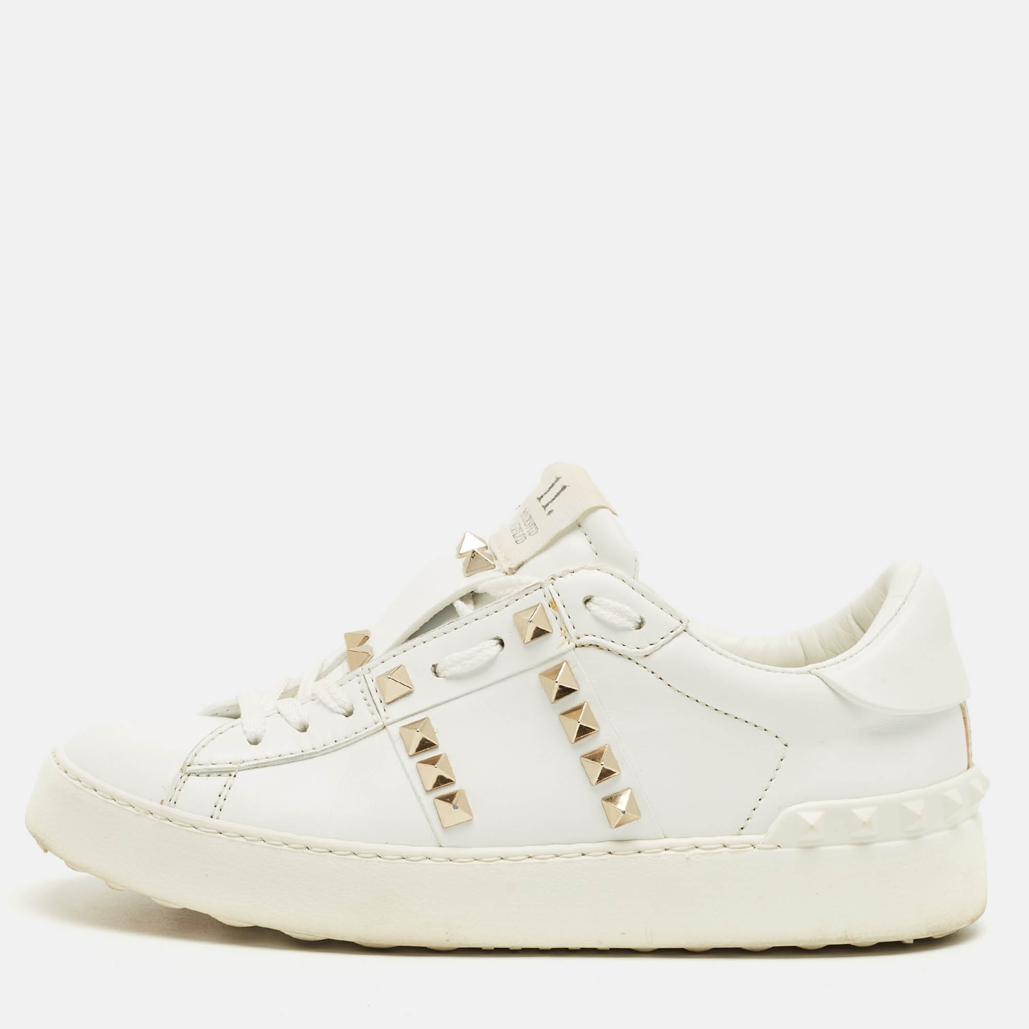 Pre-owned Valentino Garavani White Leather Rockstud Untitled Low Top Sneakers Size 34