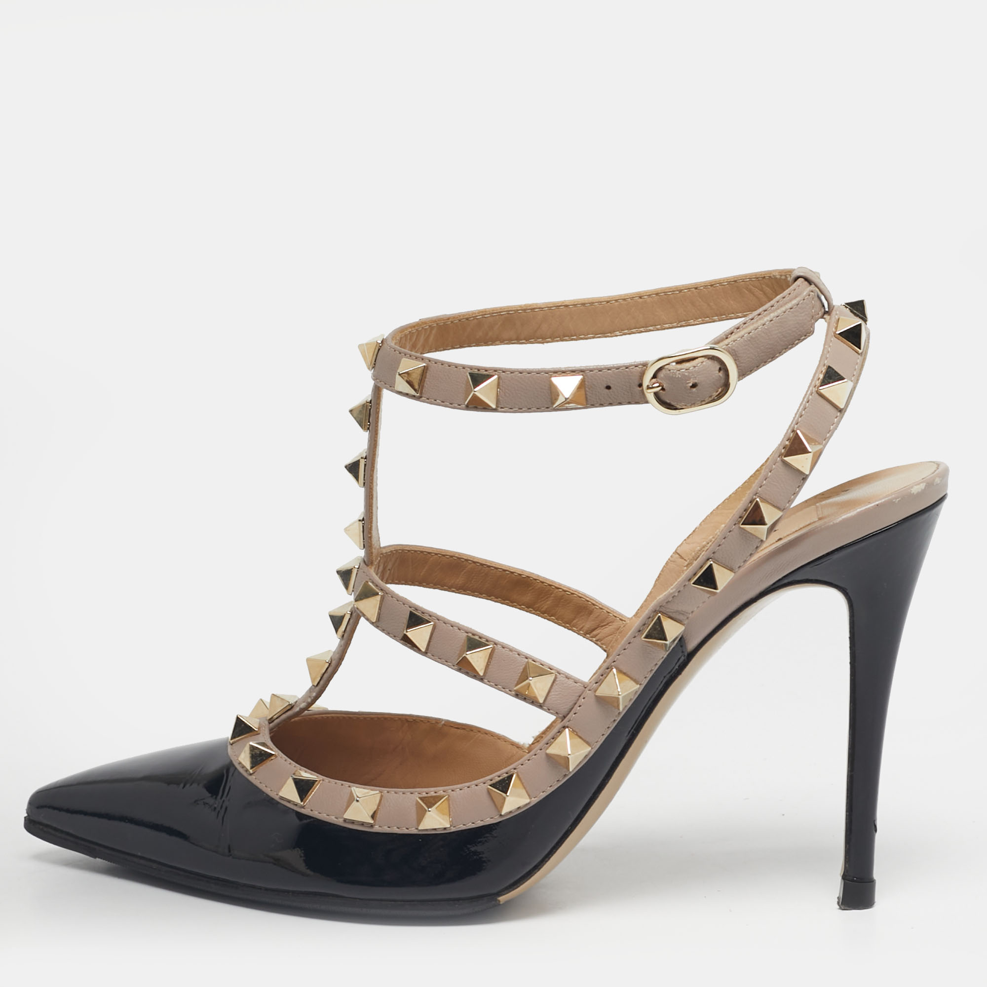 Pre-owned Valentino Garavani Black/beige Leather And Patent Rockstud Ankle Strap Pumps Size 37.5