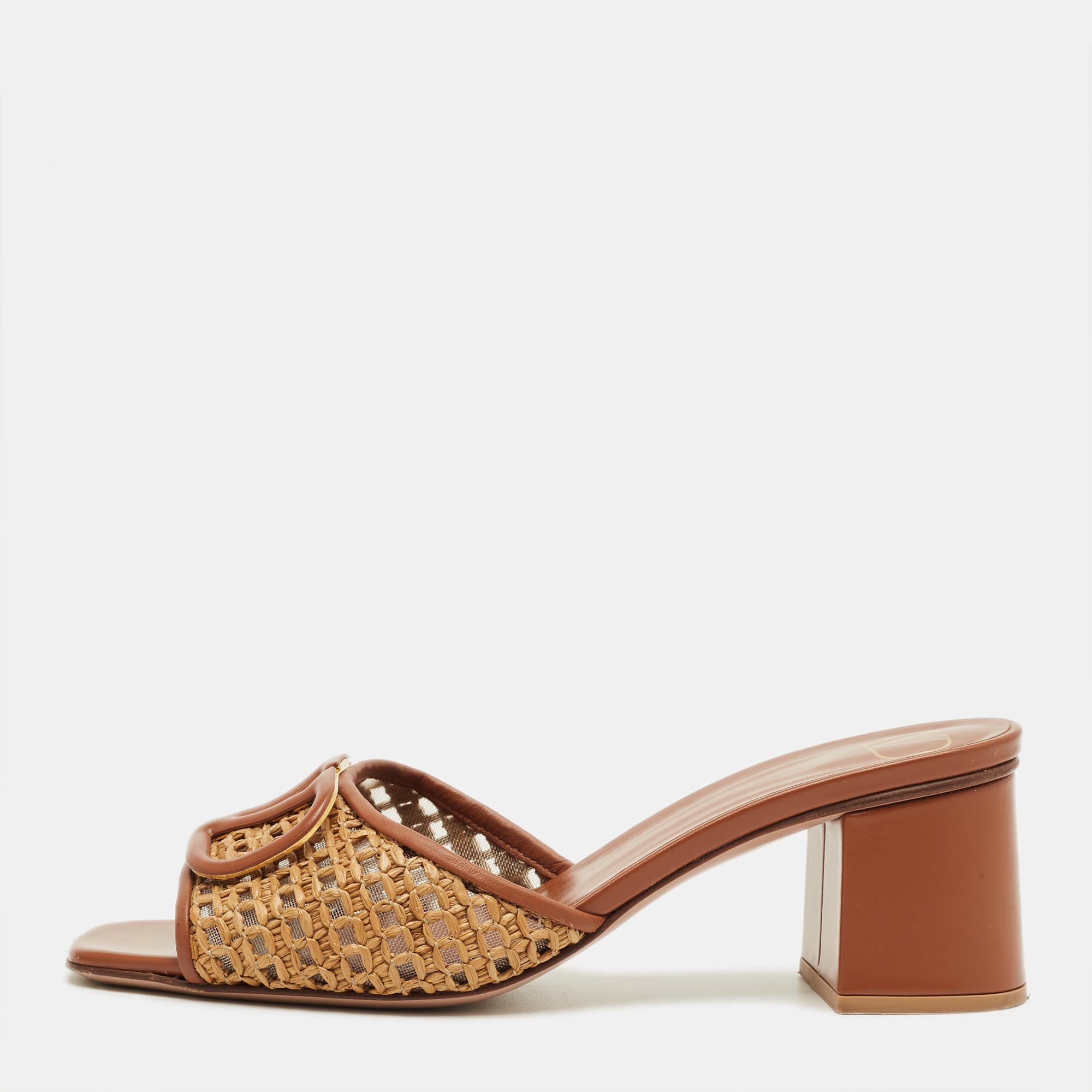Pre-owned Valentino Garavani Brown Straw And Leather Escape Vlogo Slide Sandals Size 37