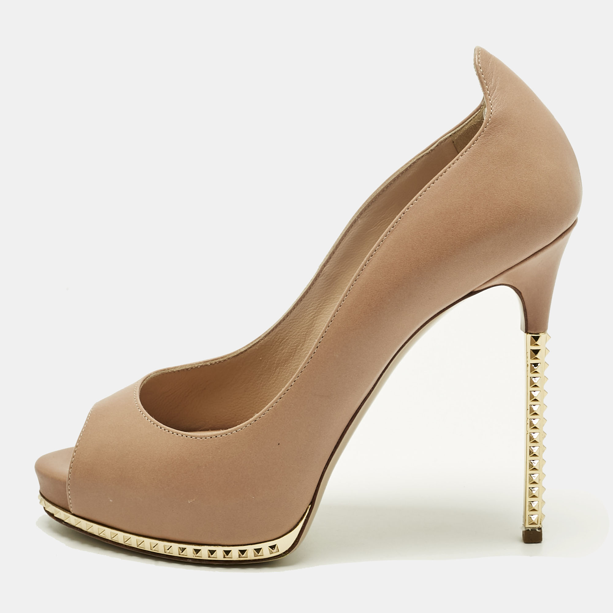 

Valentino Beige Leather Rockstud Peep Toe Pumps Size