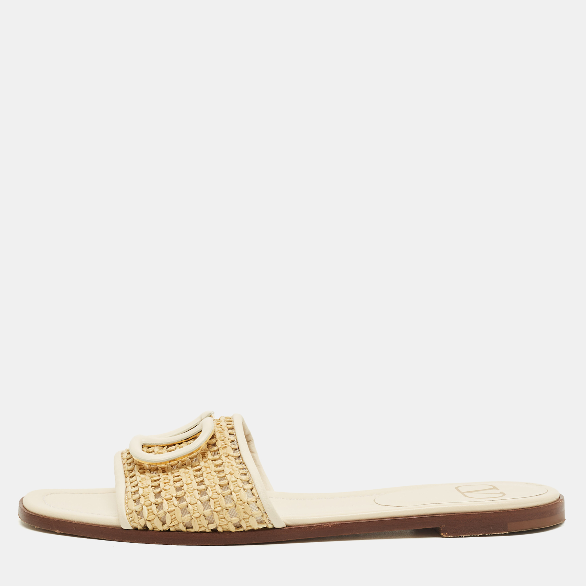 Pre-owned Valentino Garavani Brown Straw Escape V Logo Flat Slide Size 38
