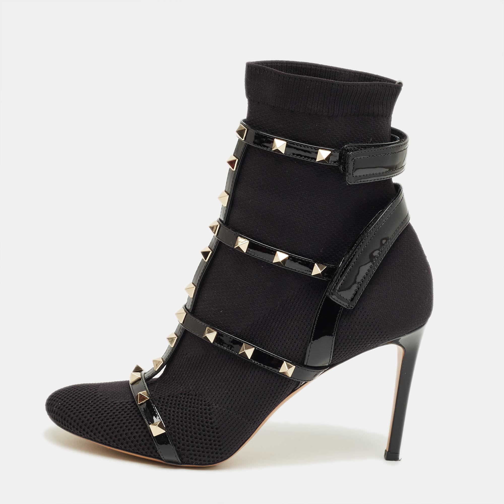 Pre-owned Valentino Garavani Black Knit Fabric And Leather Rockstud Ankle Length Boots Size 40