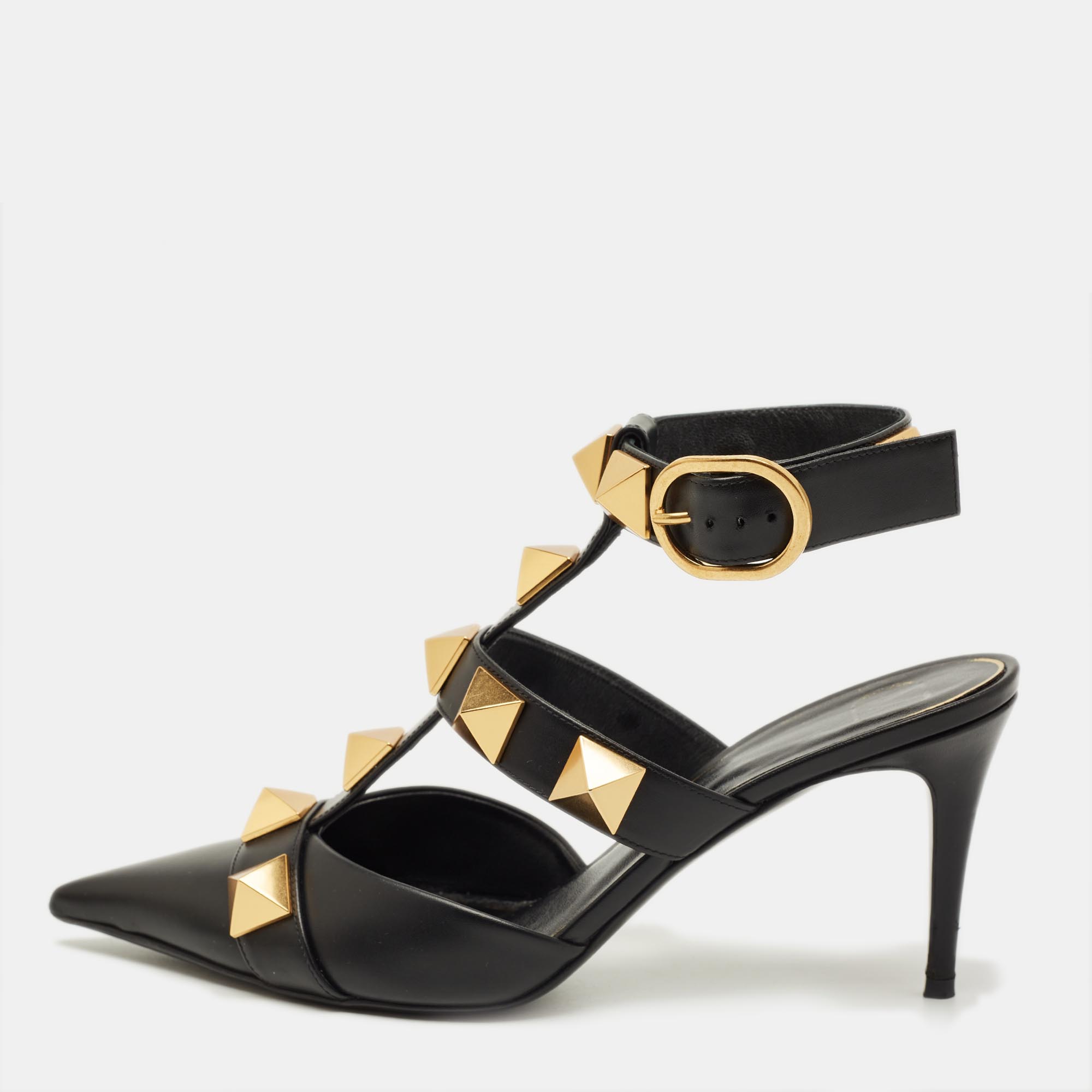 Pre-owned Valentino Garavani Black Leather Roman Stud Pointed Toe Ankle Cuff Pumps Size 38