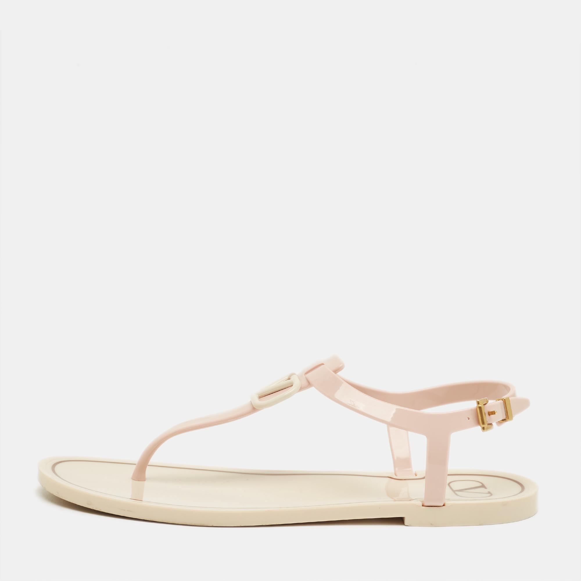 Pre-owned Valentino Garavani Cream Jelly Vlogo Thong Flats Size 38 In White