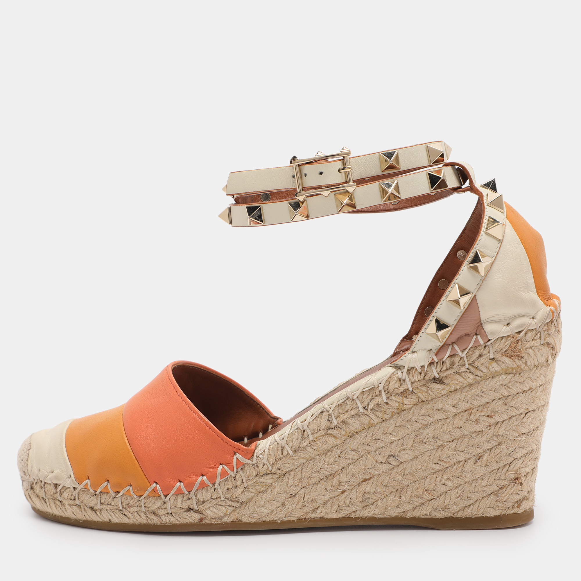 

Valentino Multicolor Leather Rockstud Wedge Ankle Strap Sandals Size