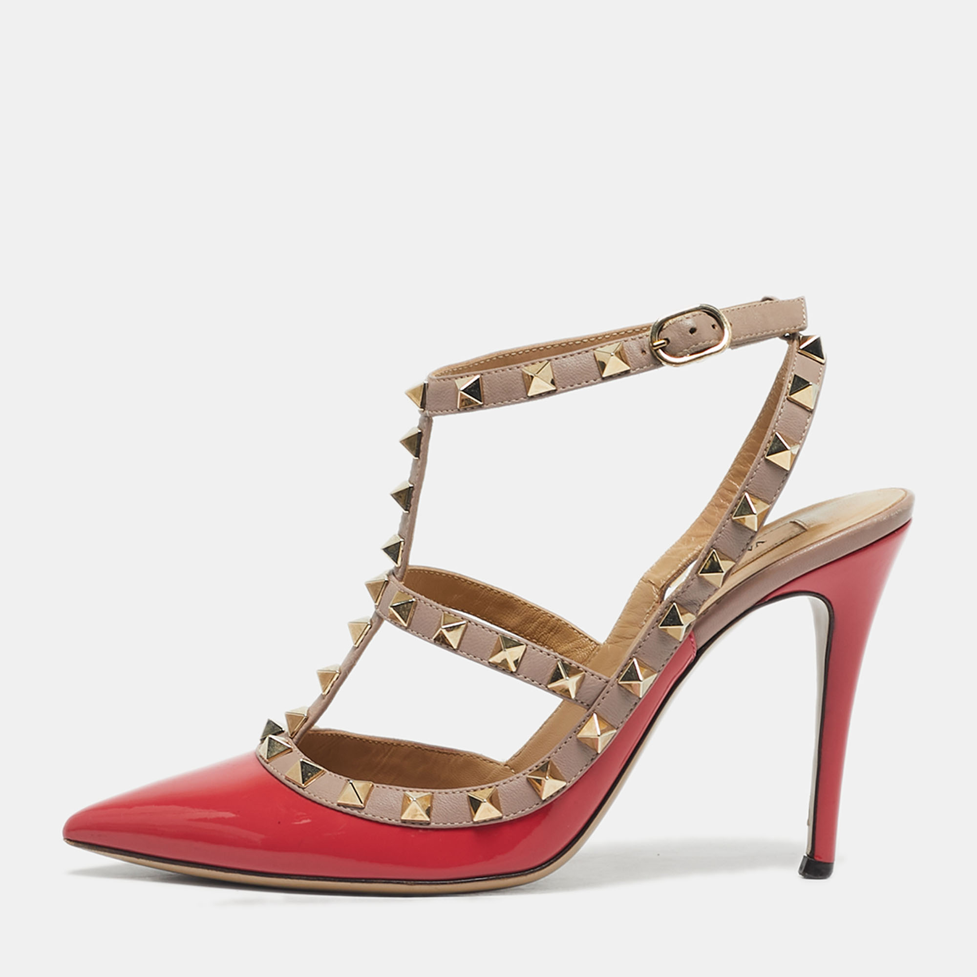 Pre-owned Valentino Garavani Pink/beige Patent Leather Rockstud Caged Ankle Strap Pumps Size 37