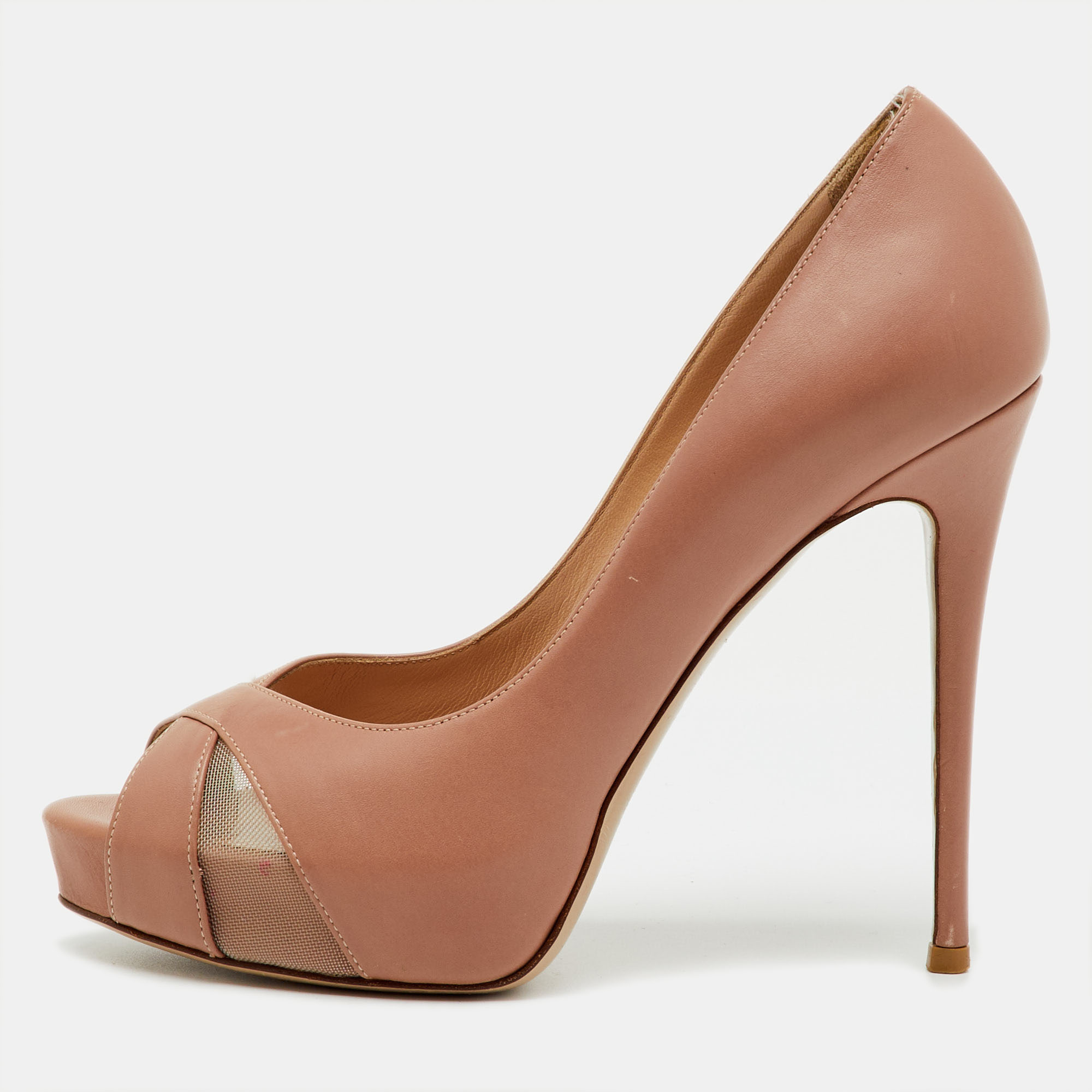 

Valentino Dusty Pink Leather Peep Toe Platform Pumps Size, Beige