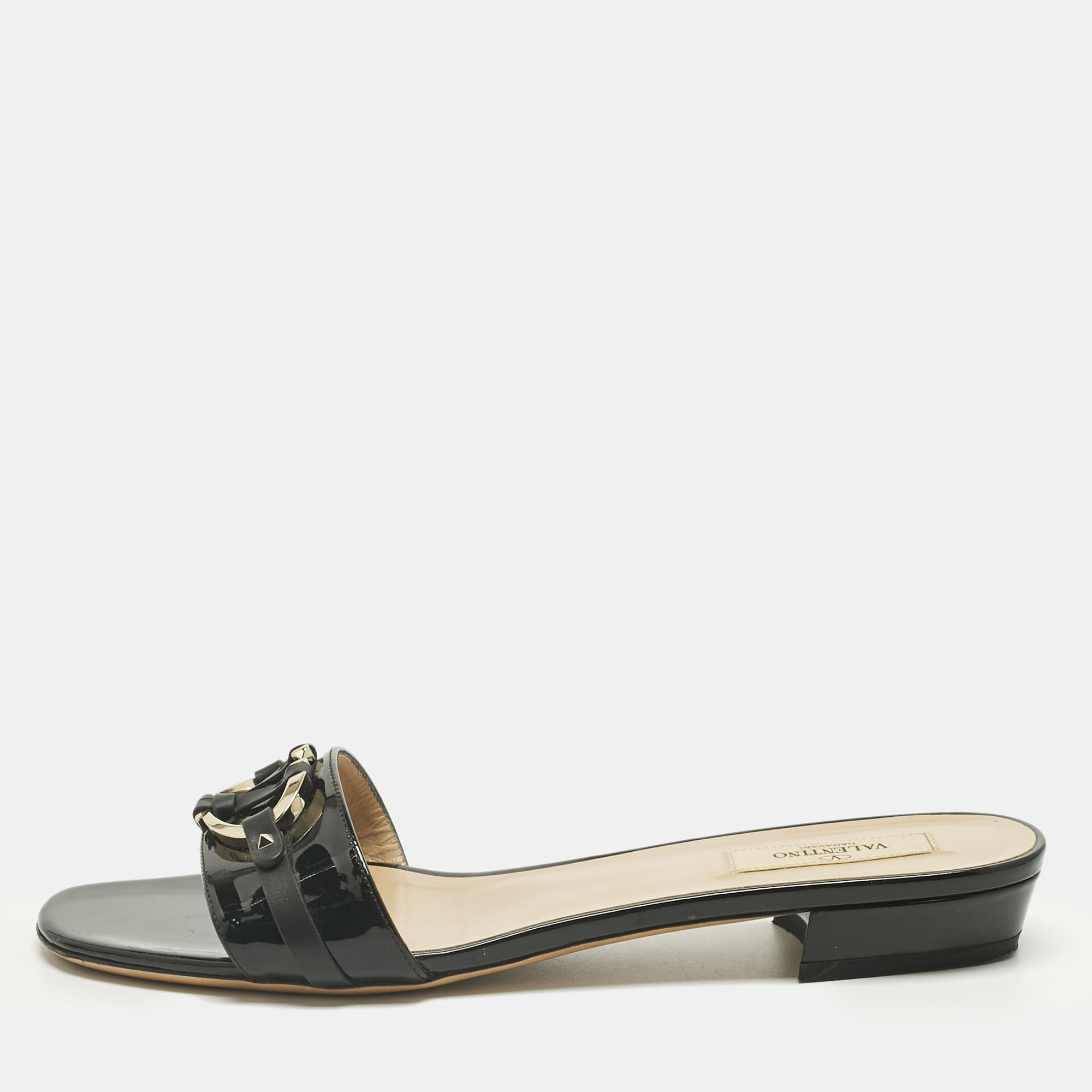 Pre-owned Valentino Garavani Black Patent Leather Vlogo Slide Sandals Size 39.5