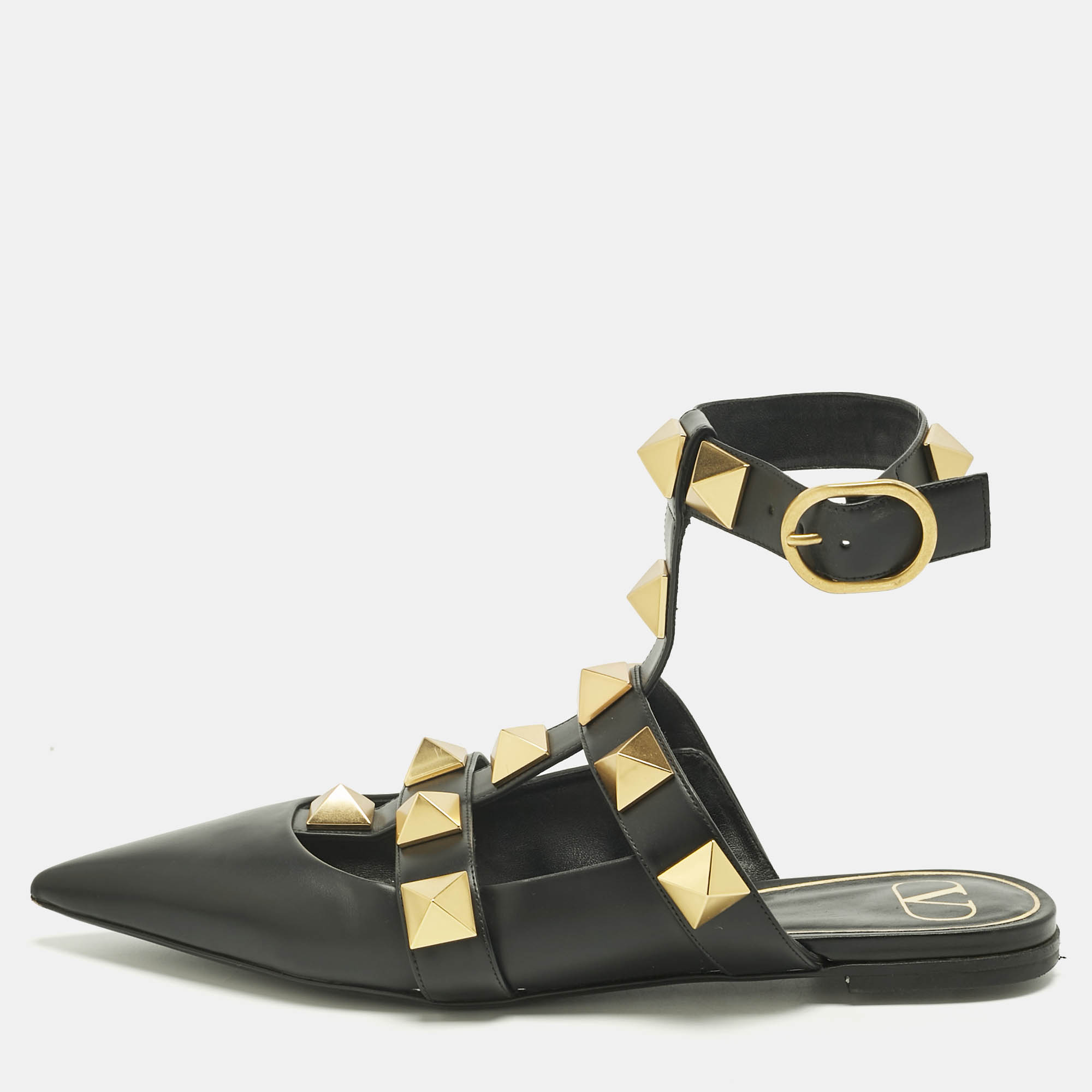 

Valentino Black Leather Rockstud Ankle Strap Flats Size