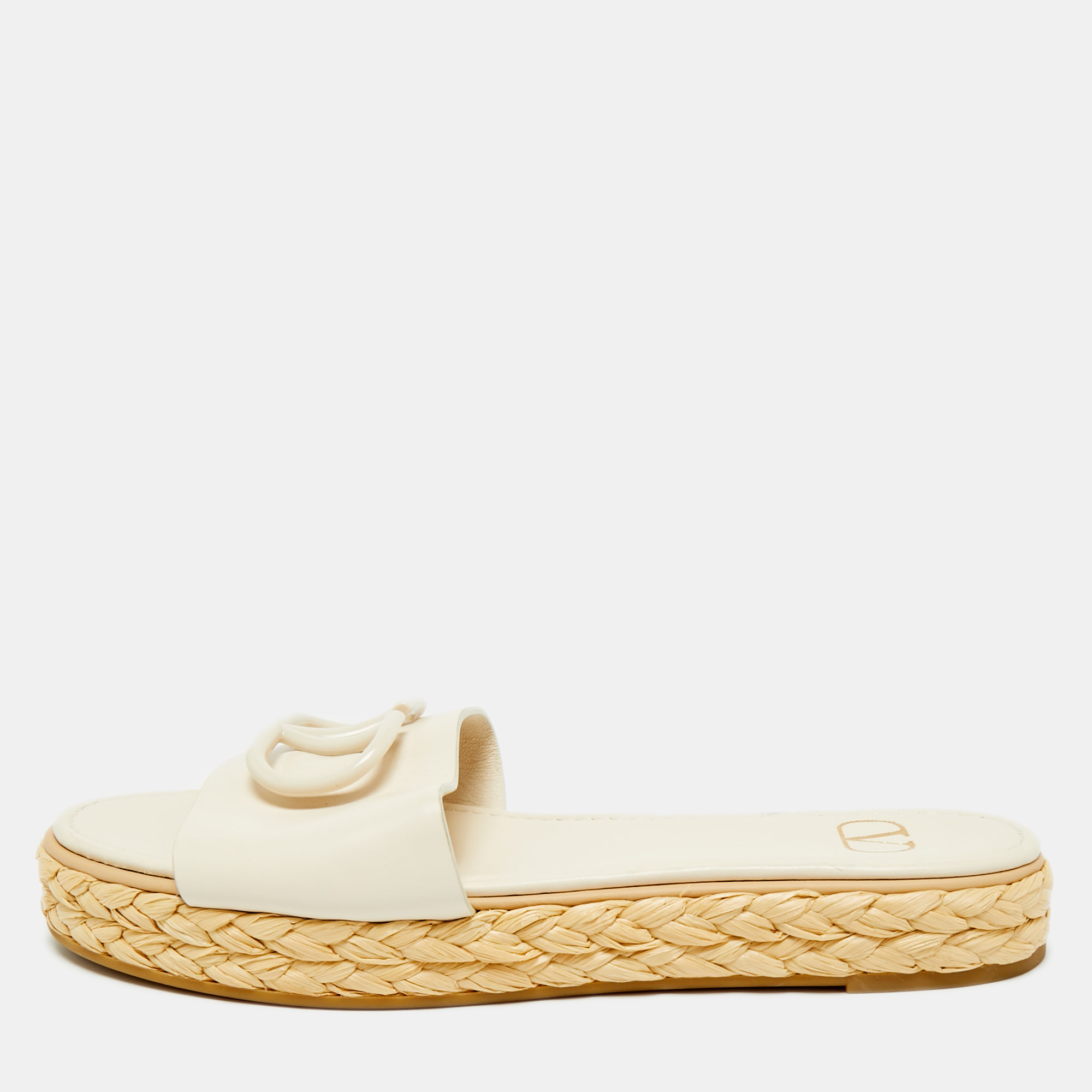 Valentino Cream Leather VLogo Espadrille Flat Slides Size 39