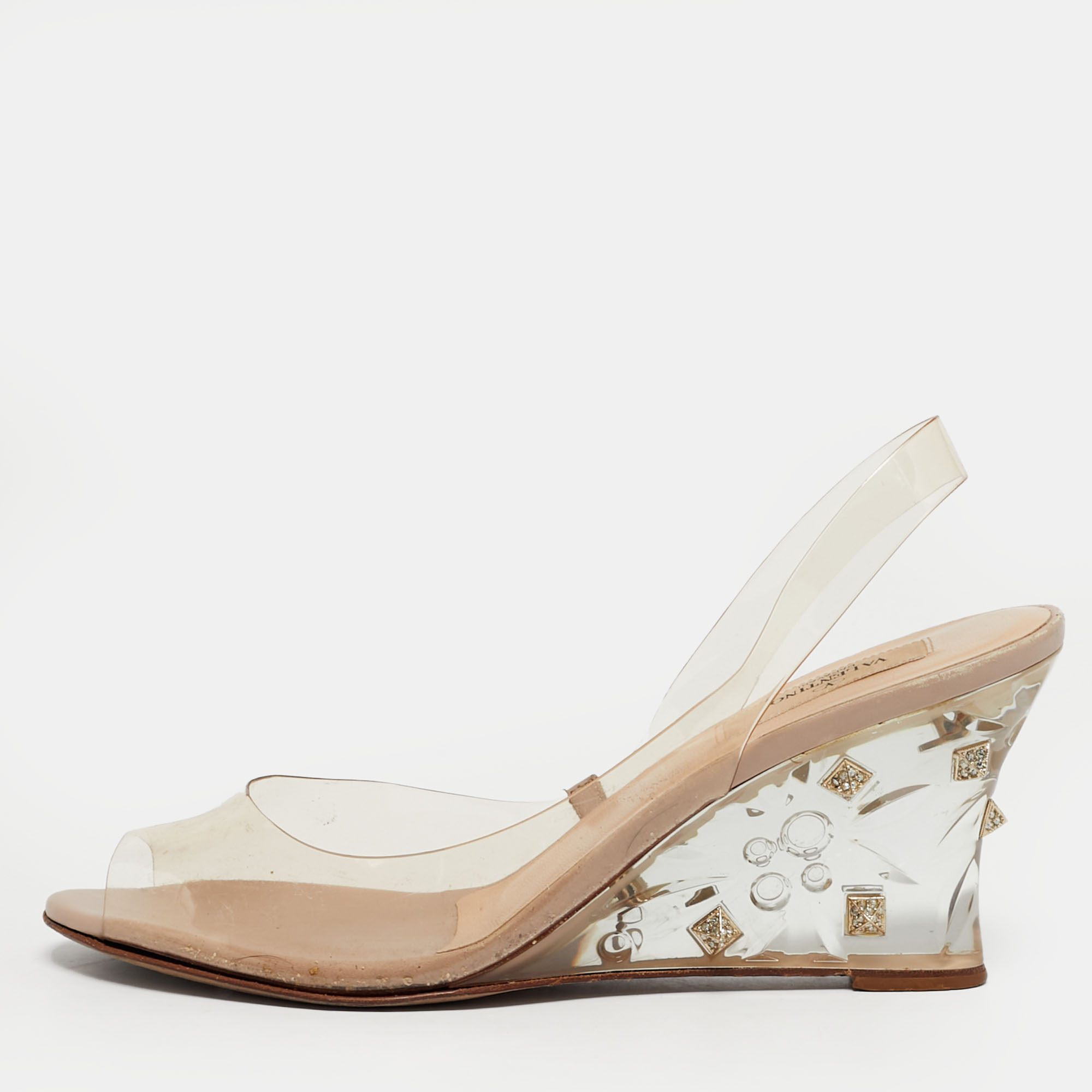 Pre-owned Valentino Garavani Transparent Pvc Rockstud Slingback Wedge Pumps Size 39