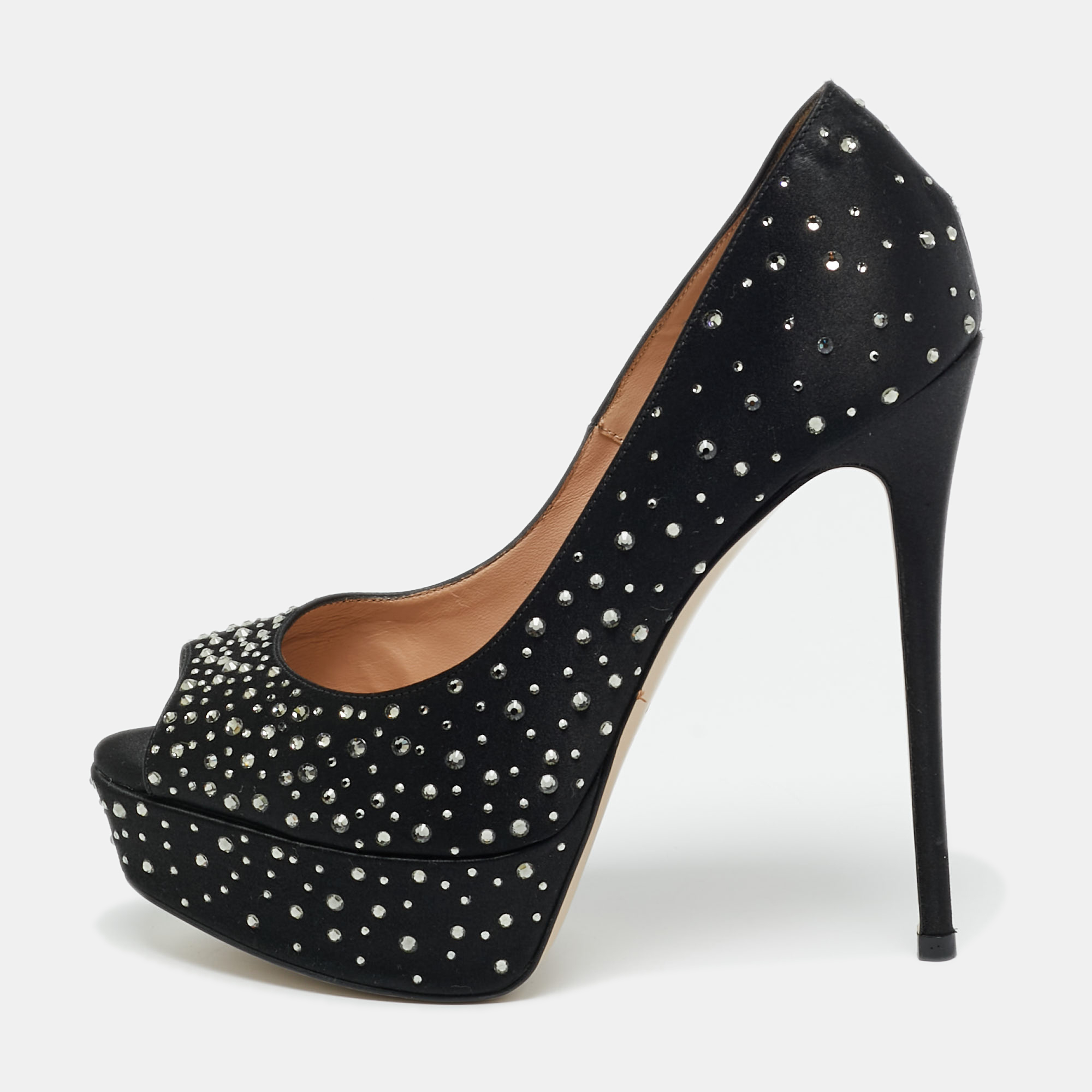 

Valentino Black Satin Crystal Embellished Platform Peep Toe Pumps Size