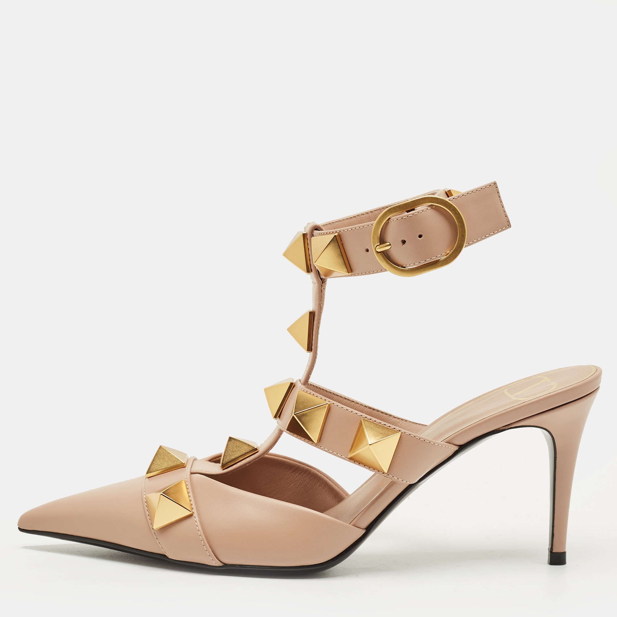 VALENTINO GARAVANI Pre-owned Beige Leather Roman Stud Ankle Strap Pumps Size 37 In Sand