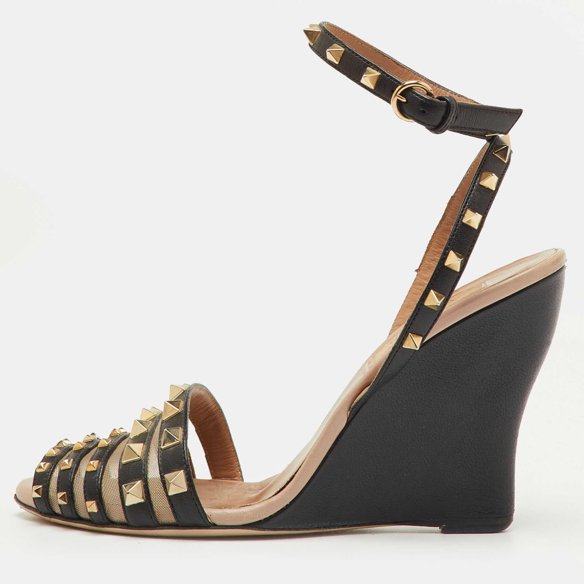 Pre-owned Valentino Garavani Black Leather And Mesh Rockstud Ankle Strap Wedge Sandals Size 36.5