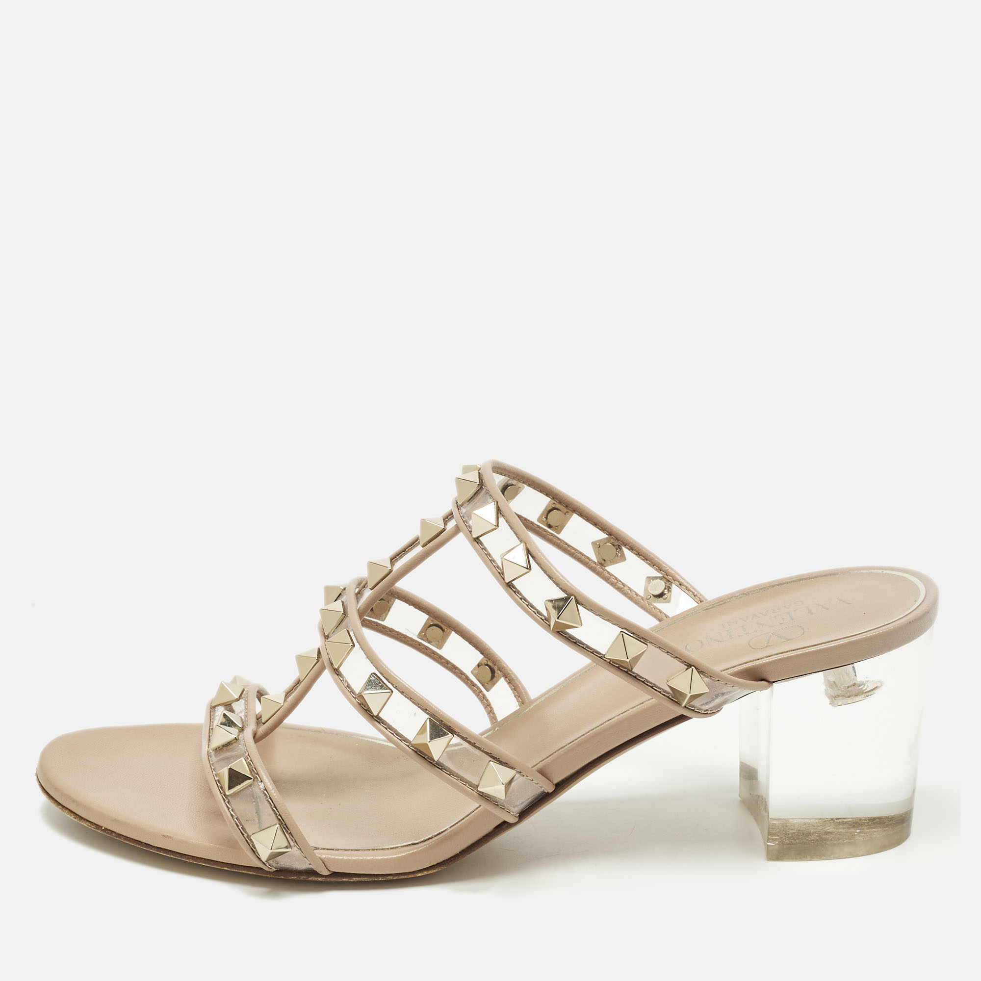 Pre-owned Valentino Garavani Rockstud Size 37.5 Beige/transparent Leather And Pvc Slide Sandals