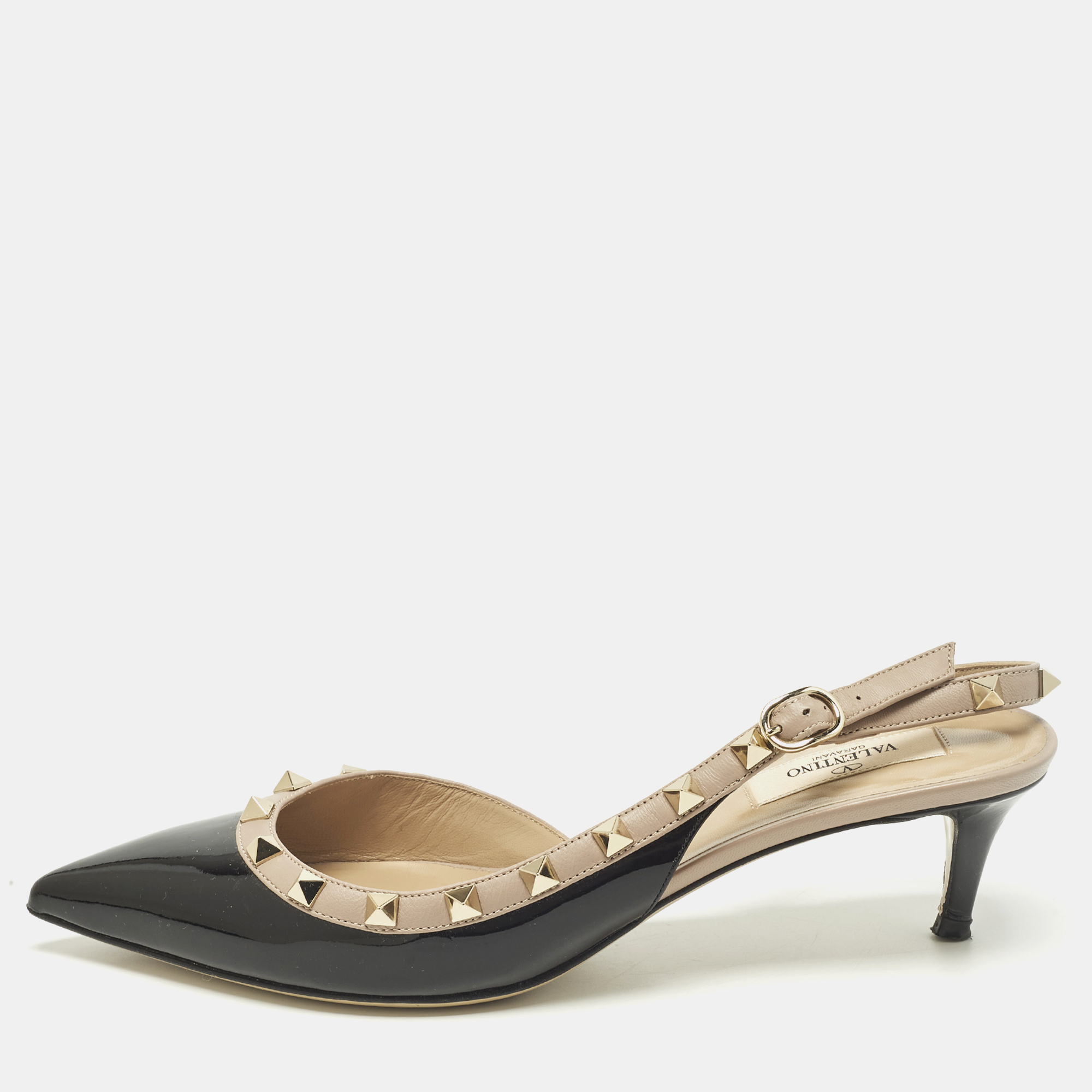 Pre-owned Valentino Garavani Rockstud Size 39 Black/beige Patent And Leather D'orsay Slingback Pumps