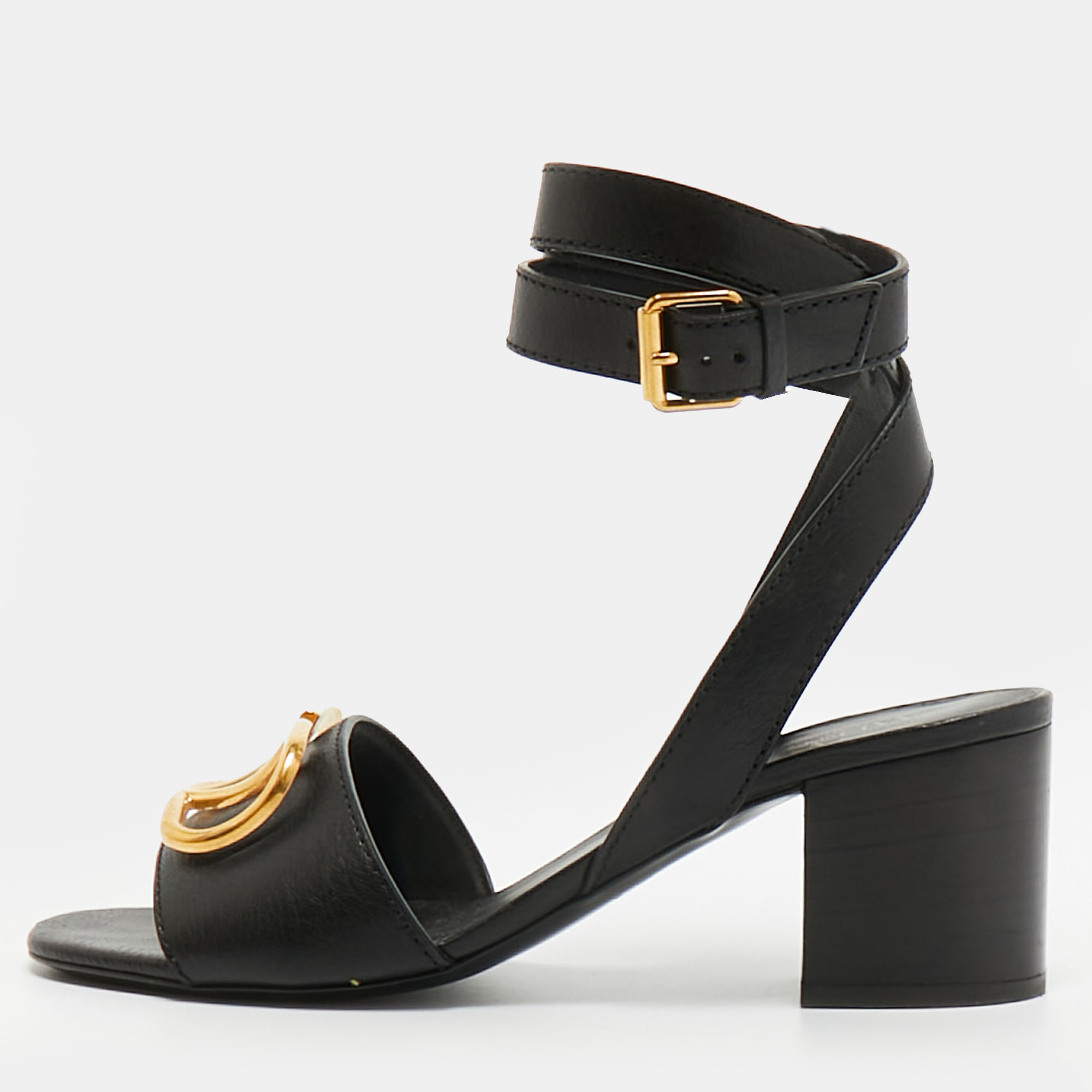 

Valentino VLogo Size  Black Leather Ankle Strap Sandals
