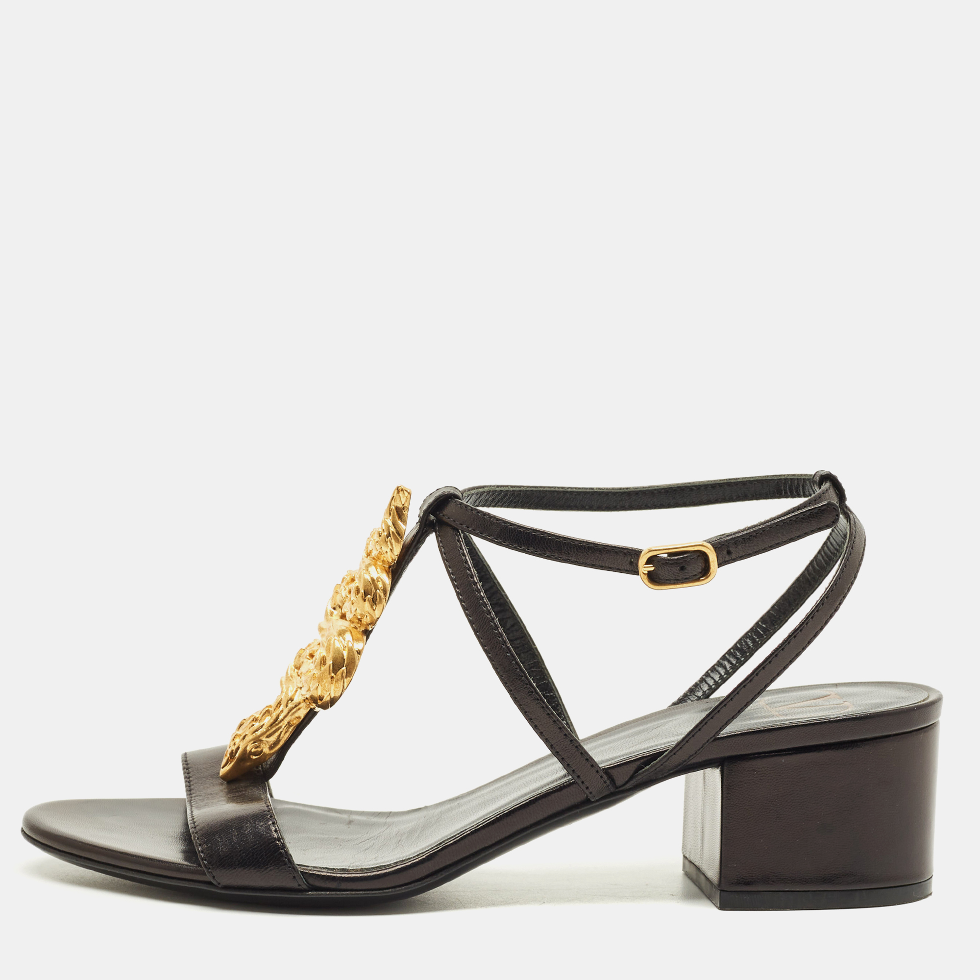 

Valentino Size  Black Leather Snake Embellished Ankle Strap Sandals