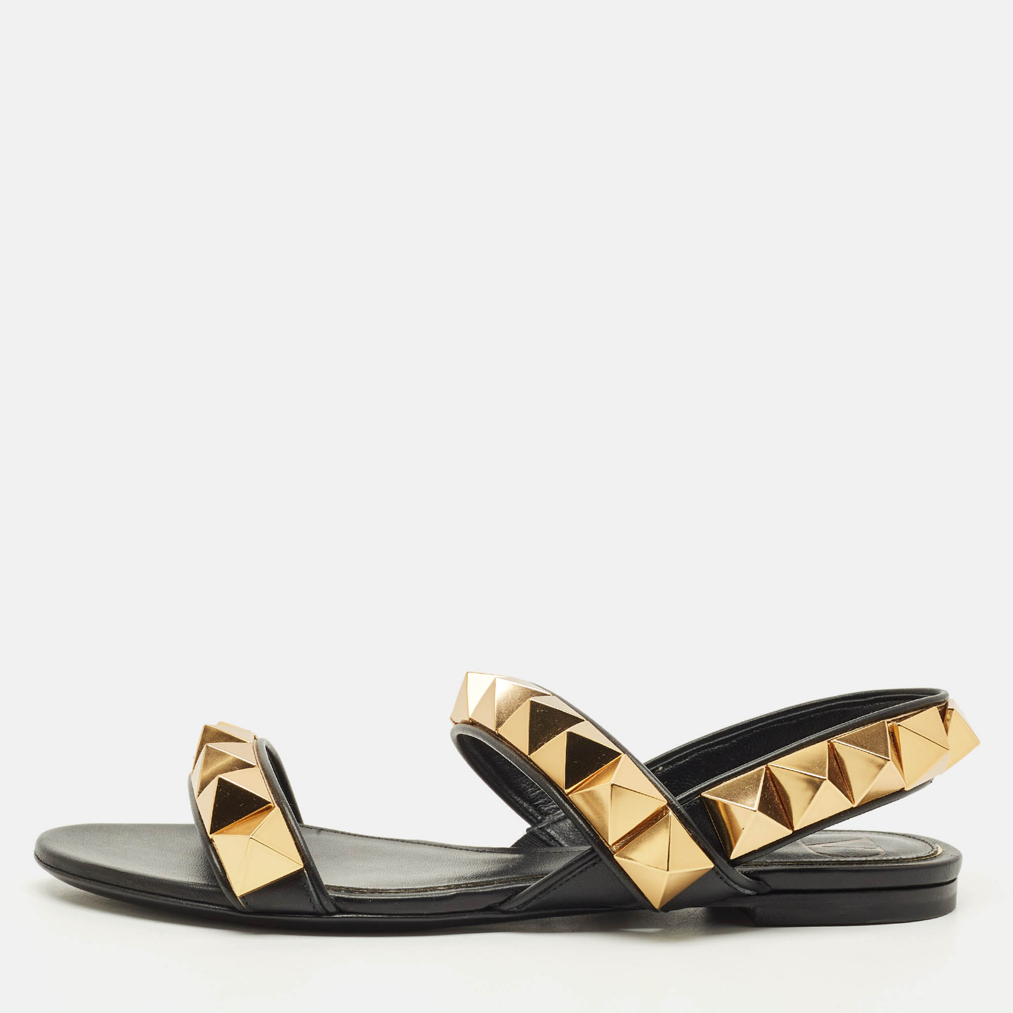

Valentino Roman Stud Size  Black Leather Slingback Flat Sandals