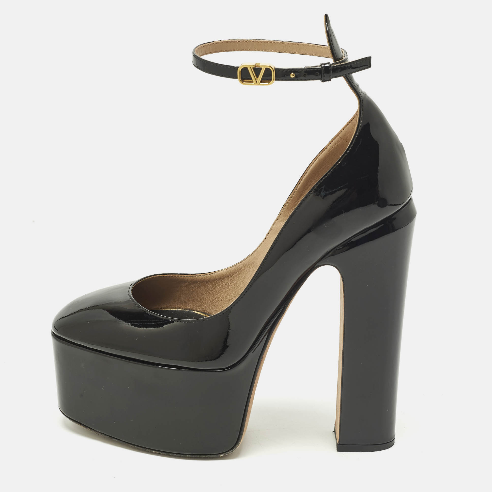 Pre-owned Valentino Garavani Tan-go Size 38 Black Patent Leather Platform Ankle Strap Pumps