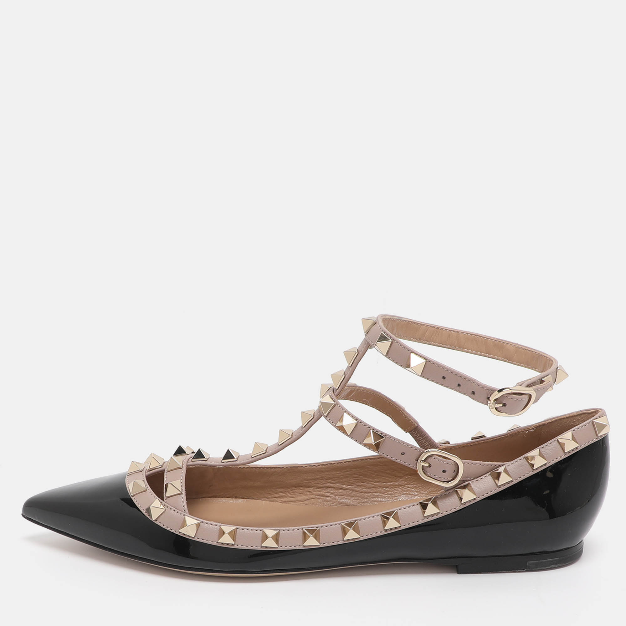 Pre-owned Valentino Garavani Rockstud Size 39.5 Black/beige Patent And Leather Ankle Strap Ballet Flats