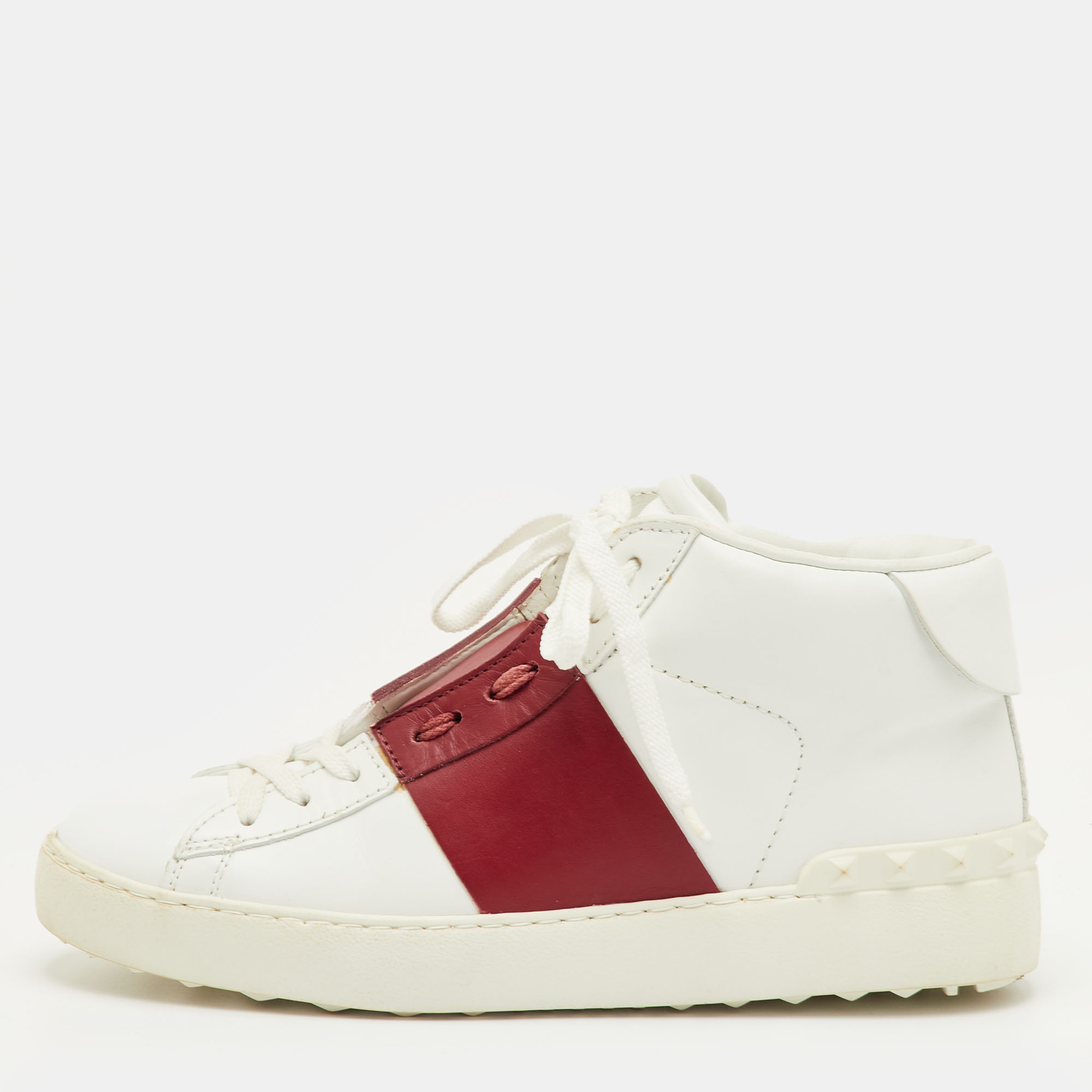 

Valentino Size  White/Burgundy Leather Open Lace Up High Top Sneakers