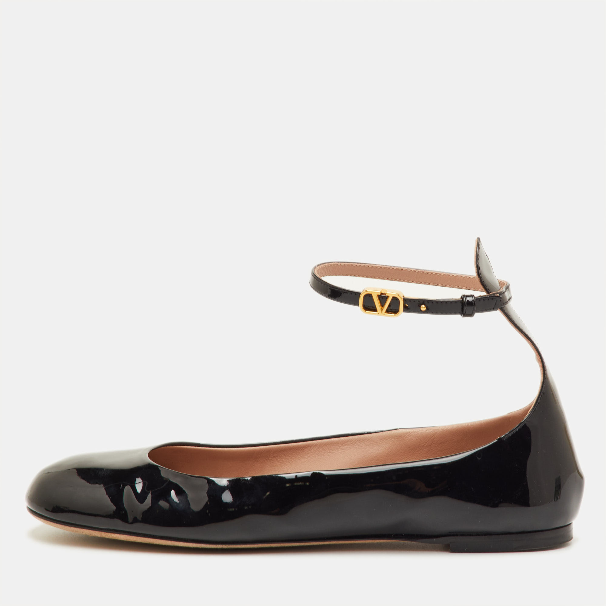 Pre-owned Valentino Garavani Tan-go Size 39.5 Black Patent Leather Ankle Strap Ballet Flats