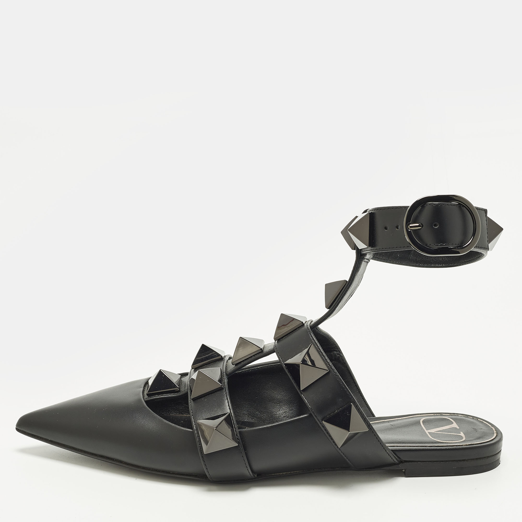 

Valentino Roman Stud Size  Black Leather Ankle Strap Flats