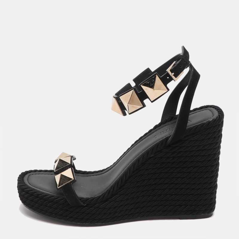 

Valentino Roman Stud Size  Black Suede Wedge Platform Espadrille Sandals