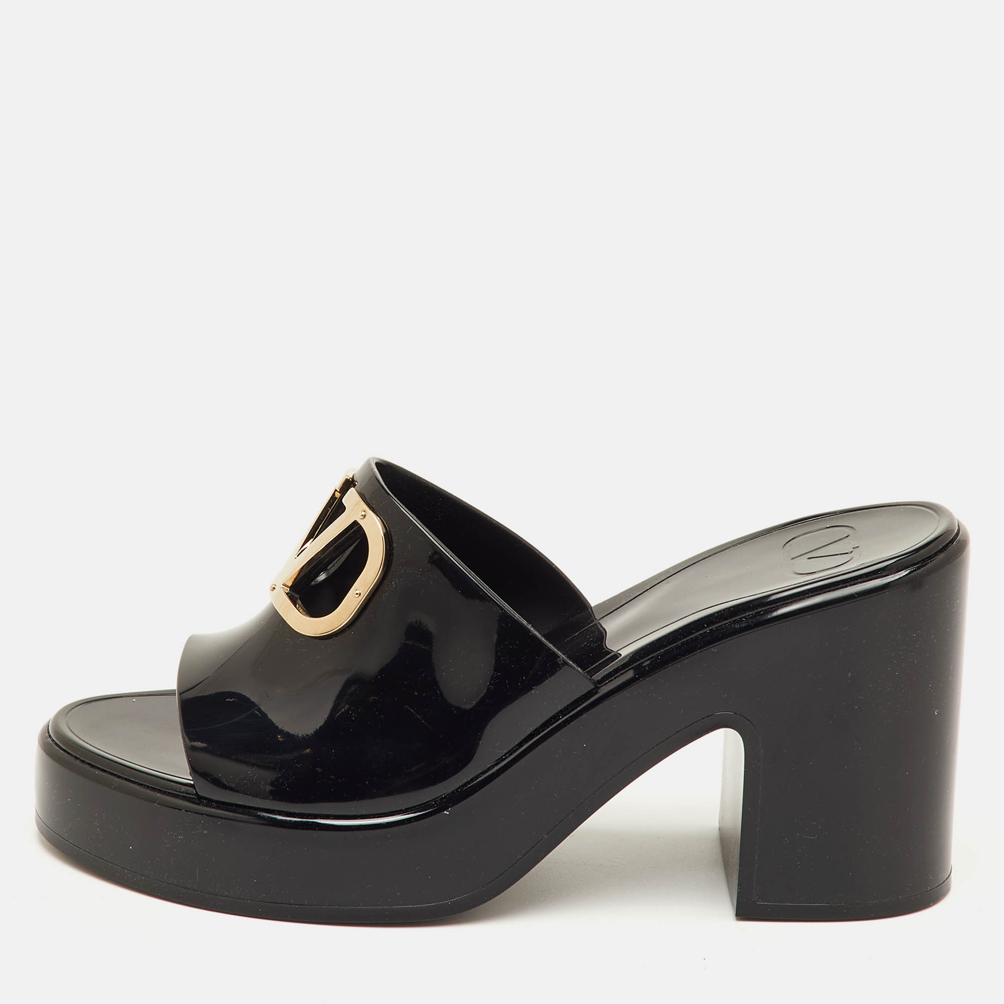 Pre-owned Valentino Garavani Vlogo Size 39 Black Rubber Platform Block Heel Slide Sandals