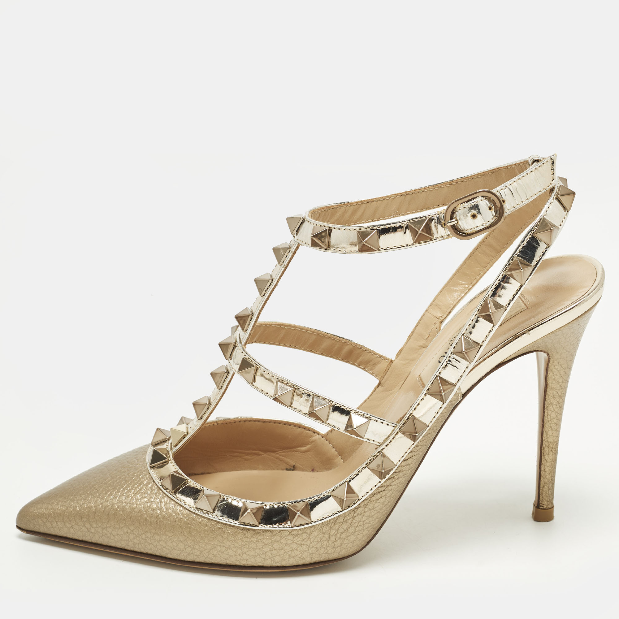 

Valentino Rockstud Size  Gold Leather and Patent Leather Ankle Strap Pumps