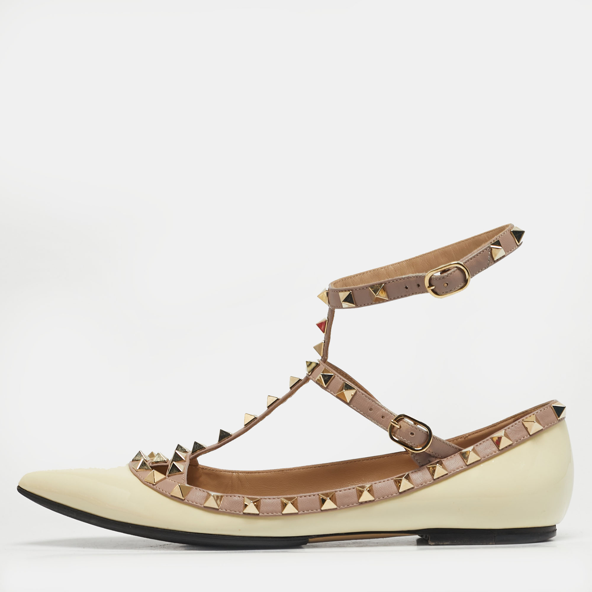 

Valentino Rockstud Size  Cream/Pink Leather and Patent Leather Ballet Flats