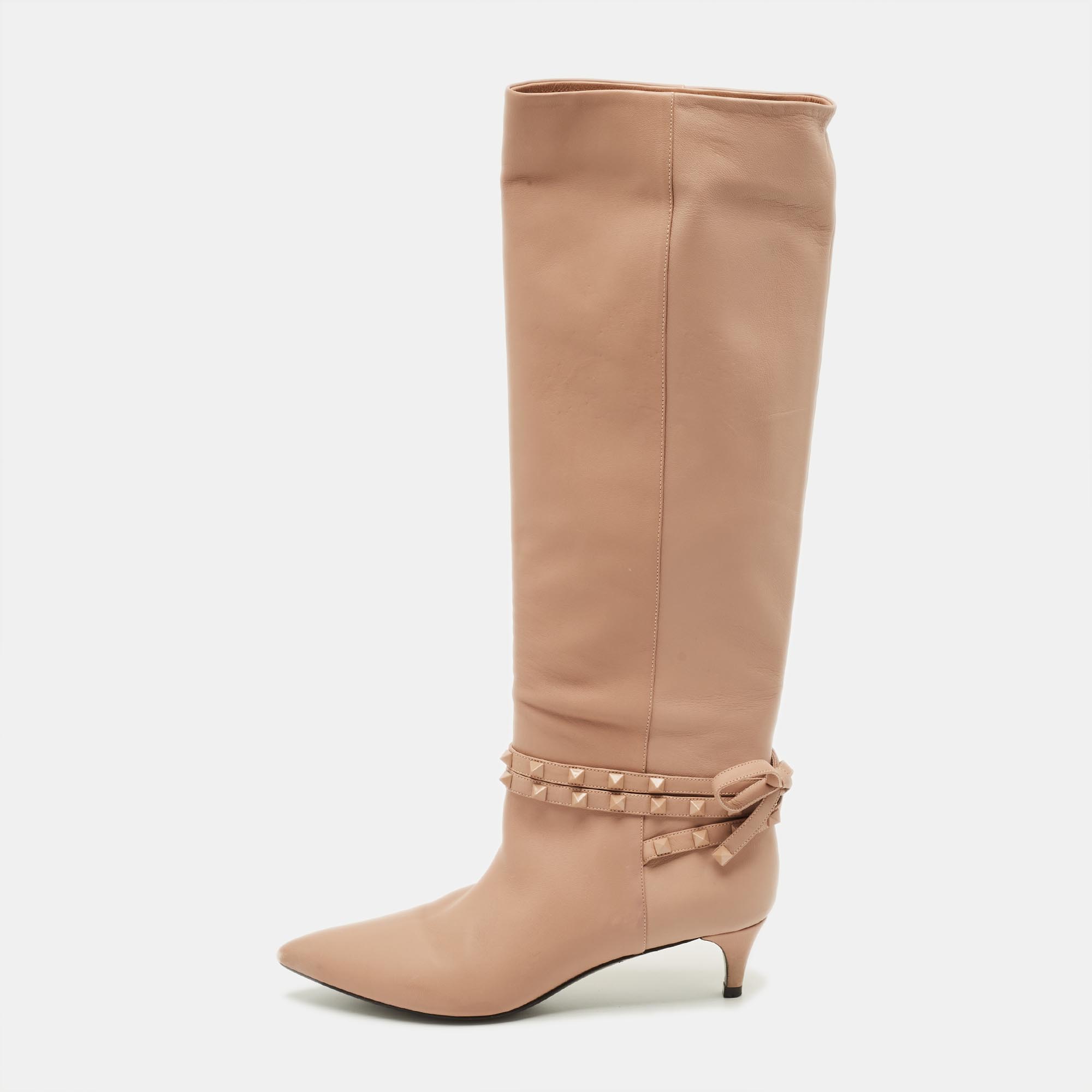 

Valentino Rockstud Flair Size  Dusty Pink Leather Knee Length Boots