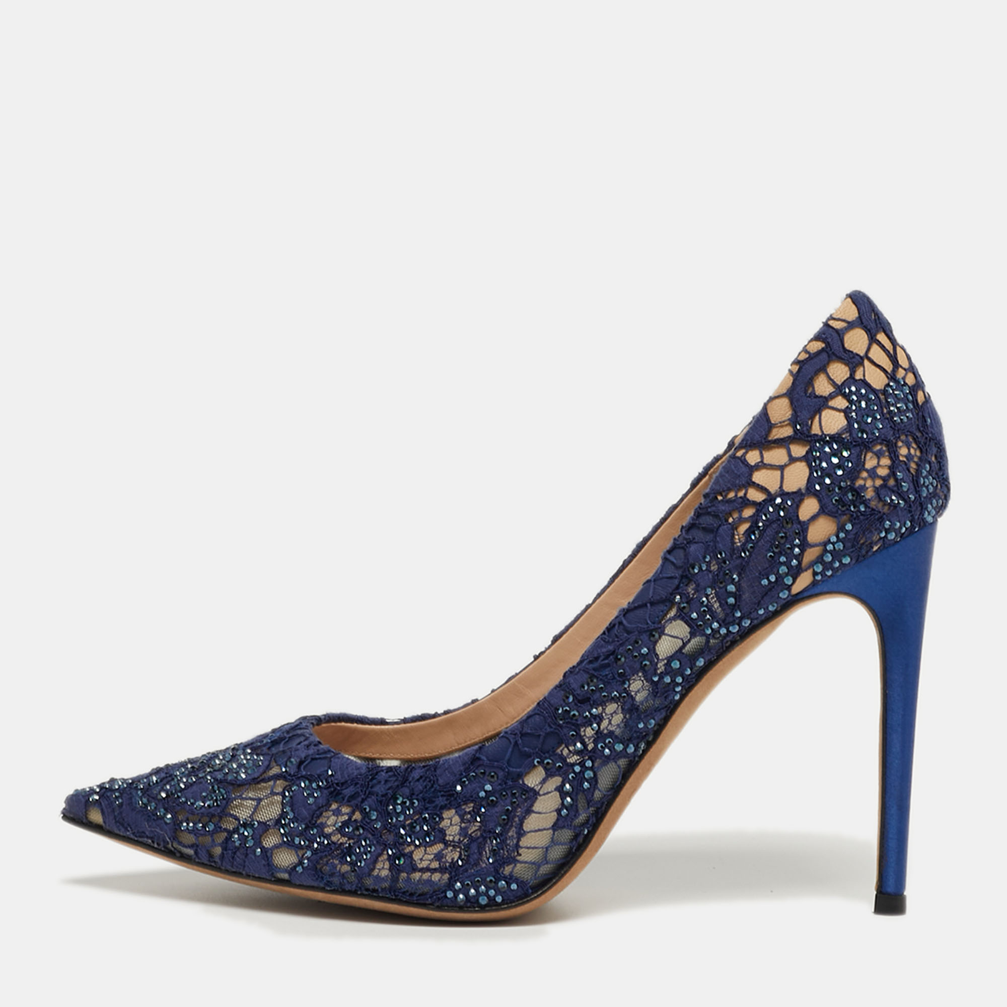 

Valentino Size  Navy Blue Lace Crystal Embellished Pointed Toe Pumps