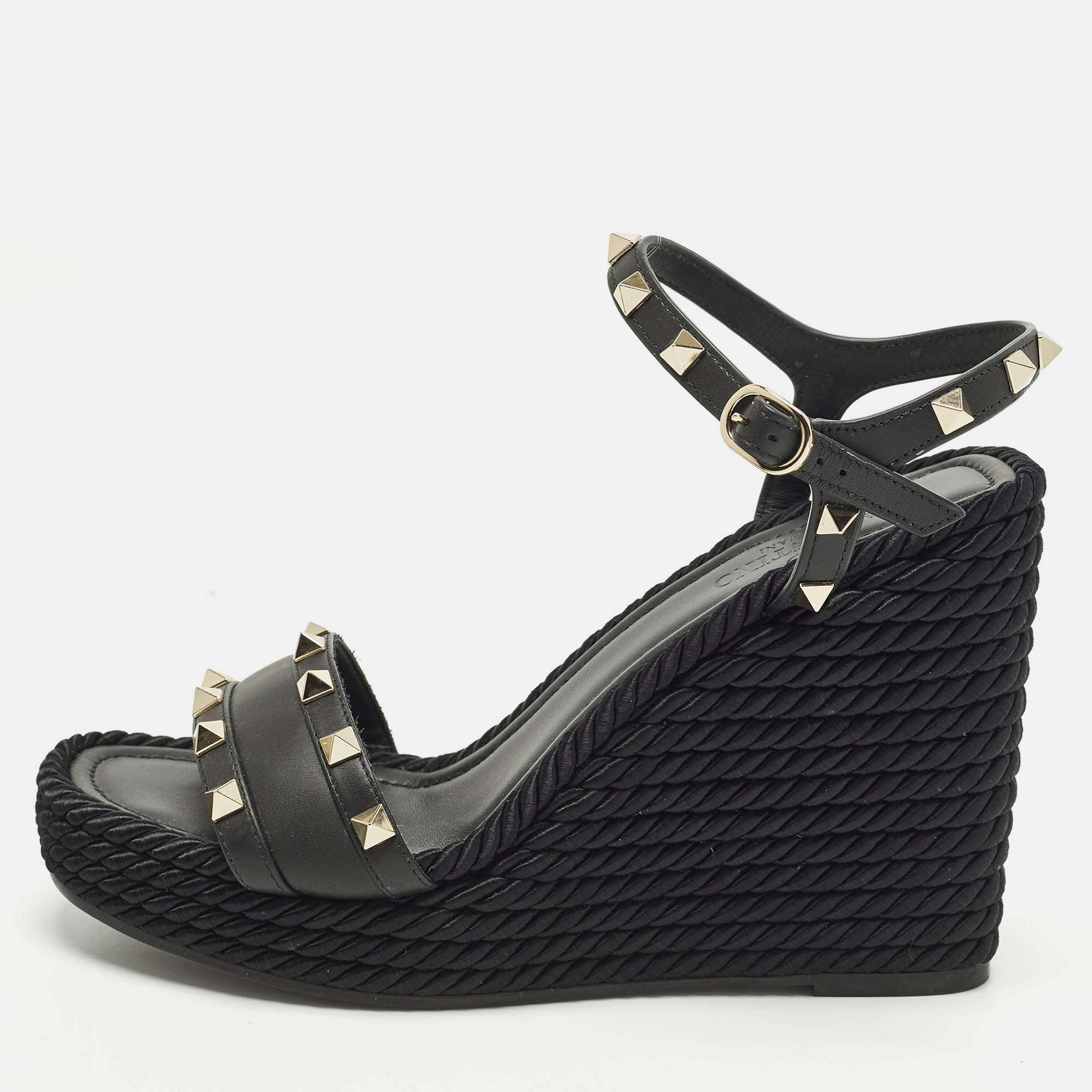 

Valentino Rockstud Torchon Black Leather Platform Wedge Sandals