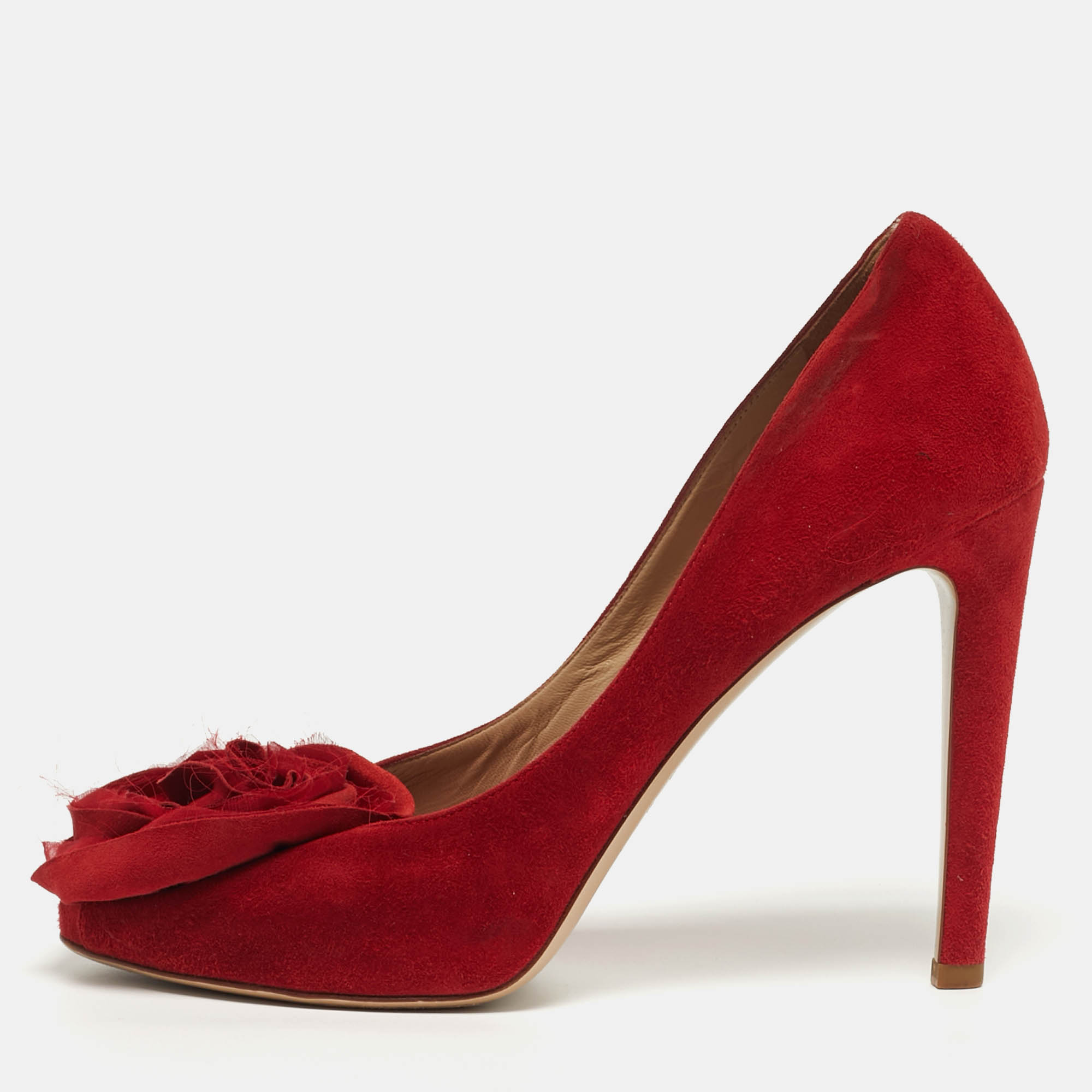 

Valentino Rose Applique Size  Red Suede Peep Toe Pumps