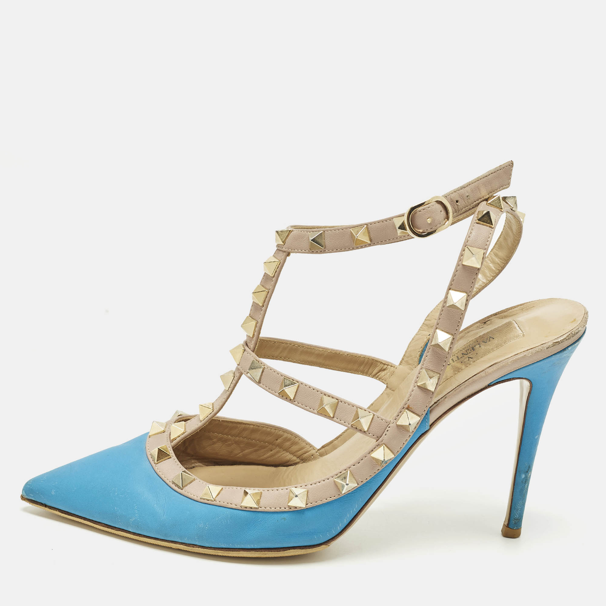 

Valentino Rockstud Size  Blue/Beige Leather Ankle Strap Pumps