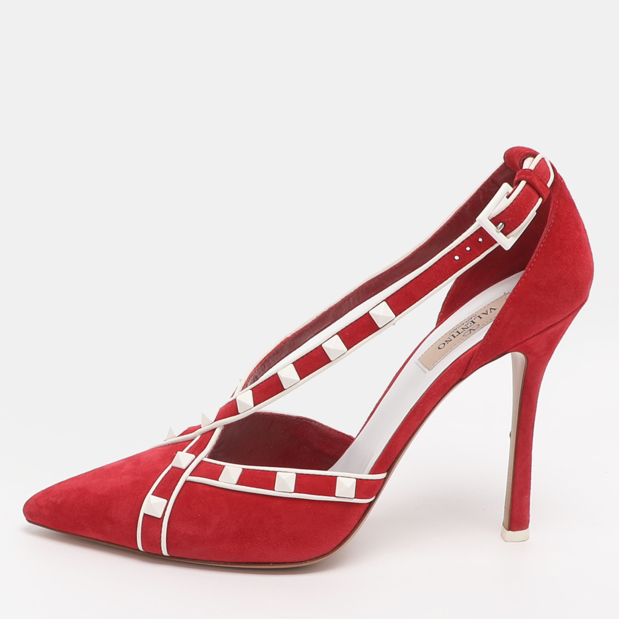 

Valentino Rockstud Size  Red Suede Cross Strap Pumps