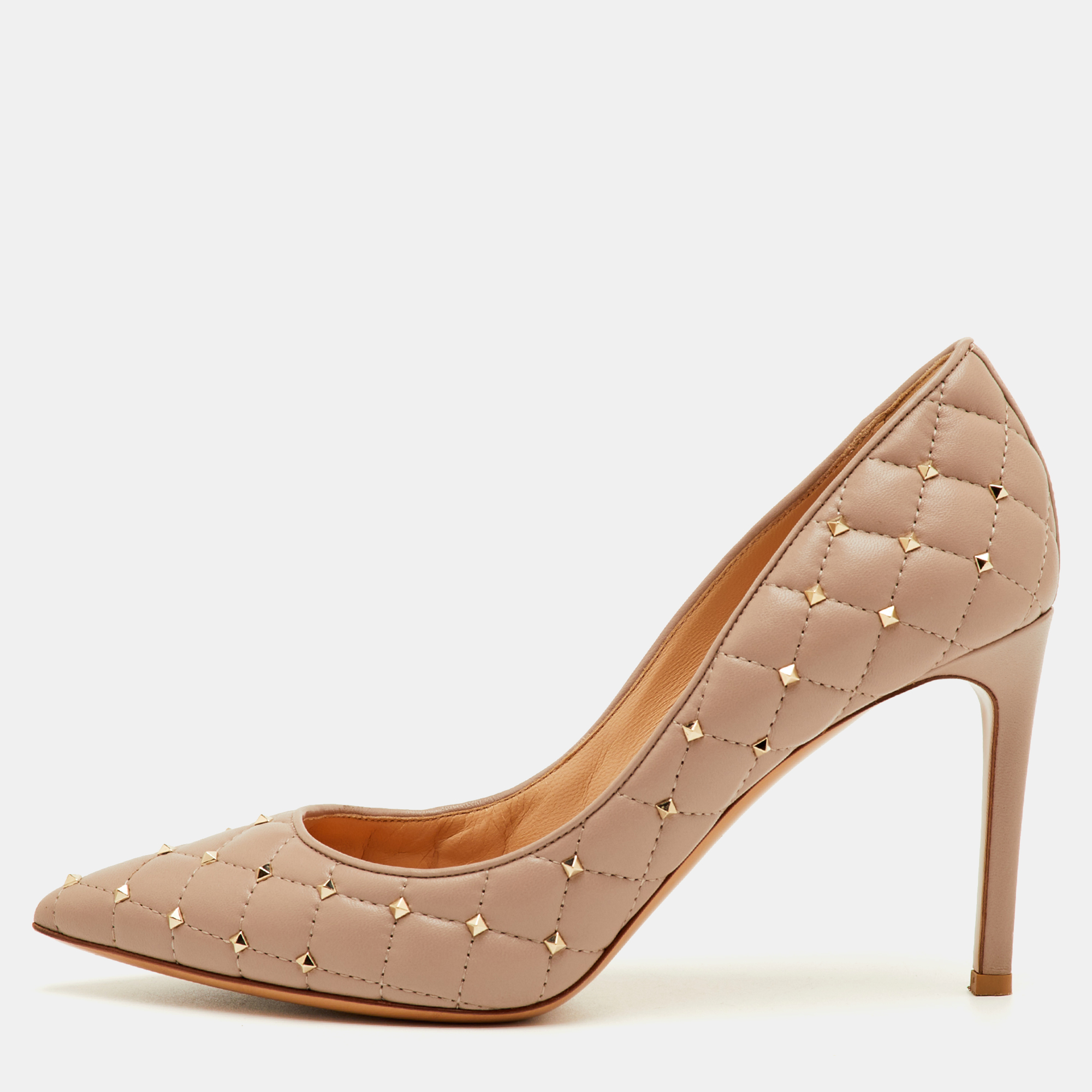 

Valentino Size  Beige Leather Quilted Rockstud Pointed Toe Pumps