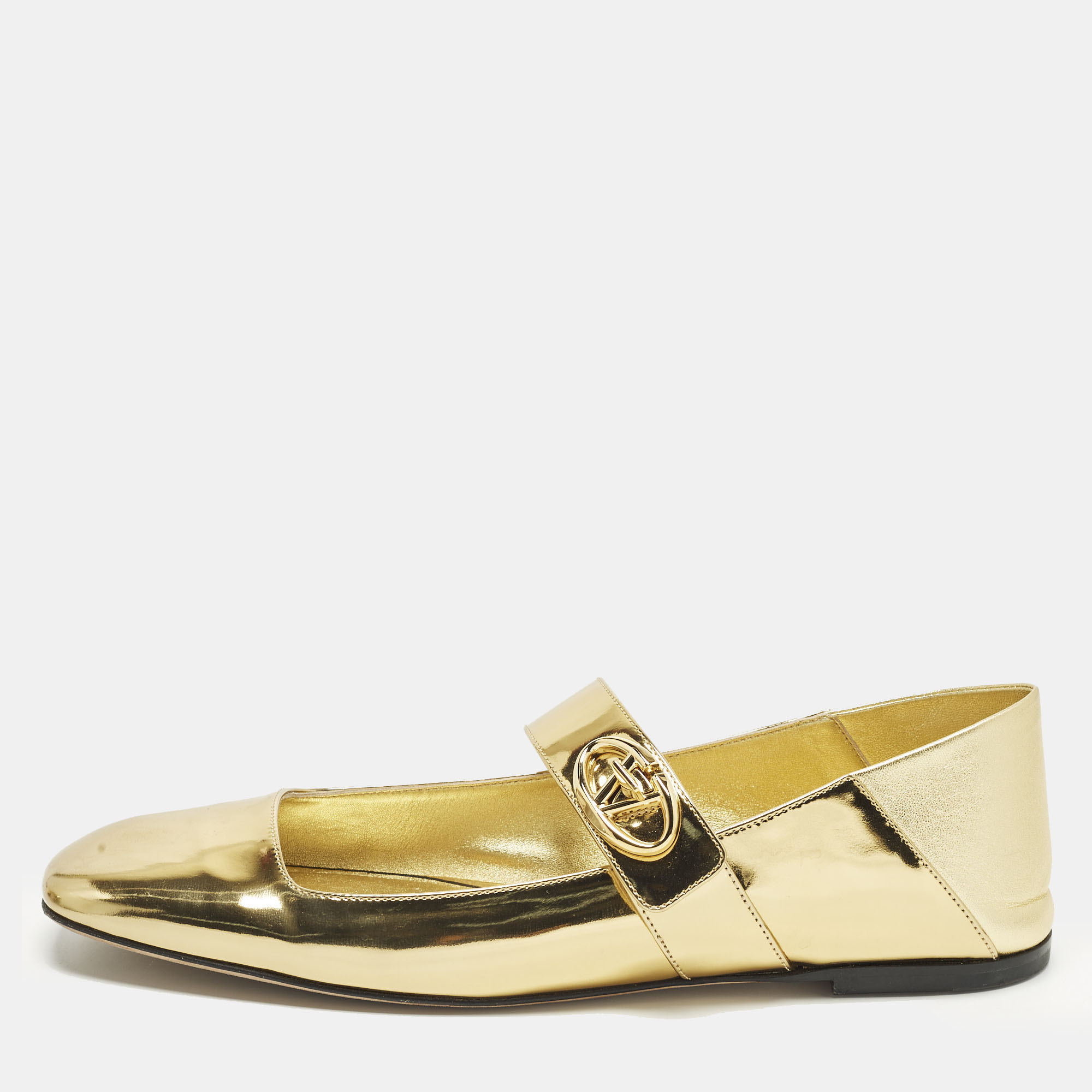 Pre-owned Valentino Garavani Vlogo Size 40 Gold Leather And Patent Leather Mary-james Ballet Flats
