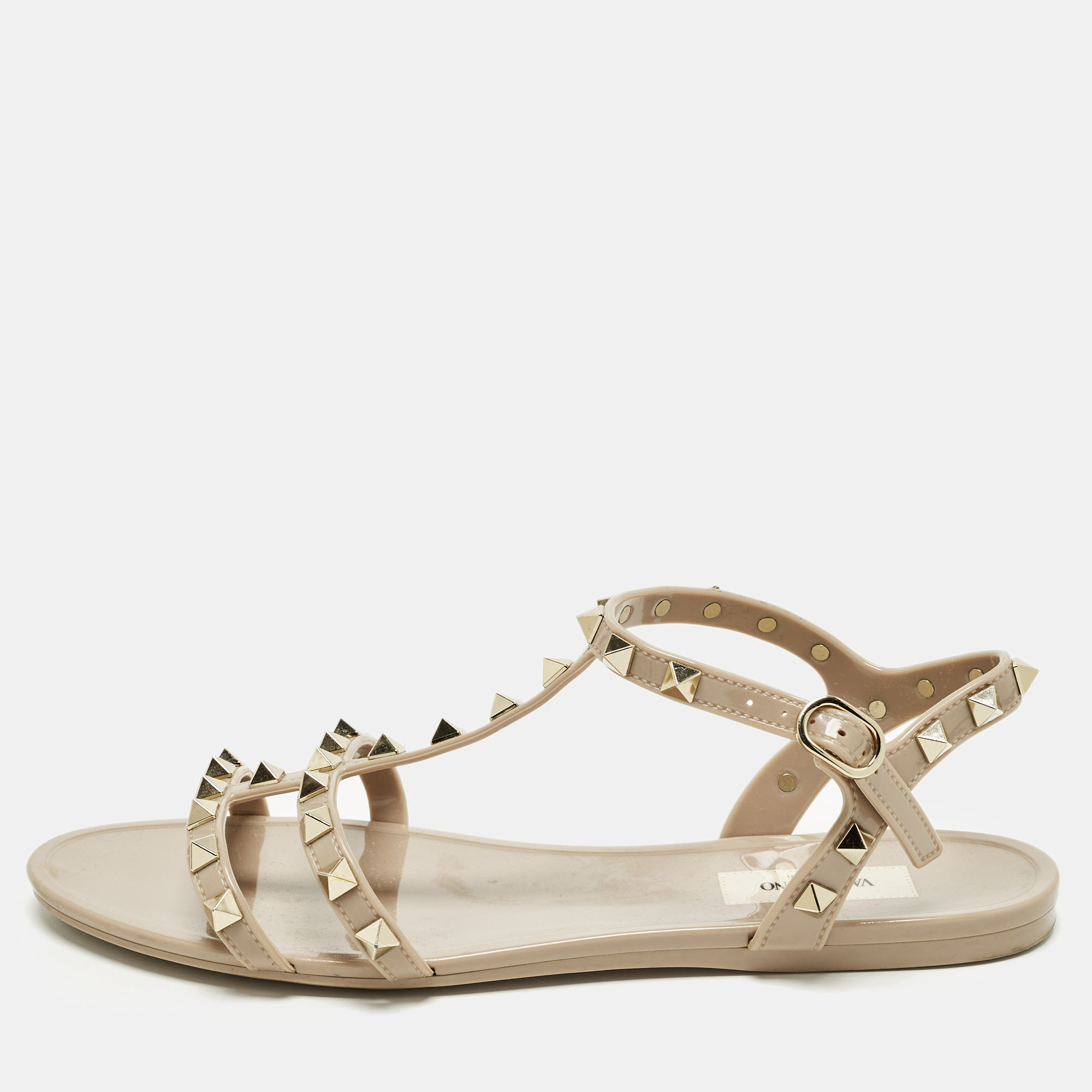 

Valentino Rockstud Size  Beige Rubber Ankle Strap Flat Sandals