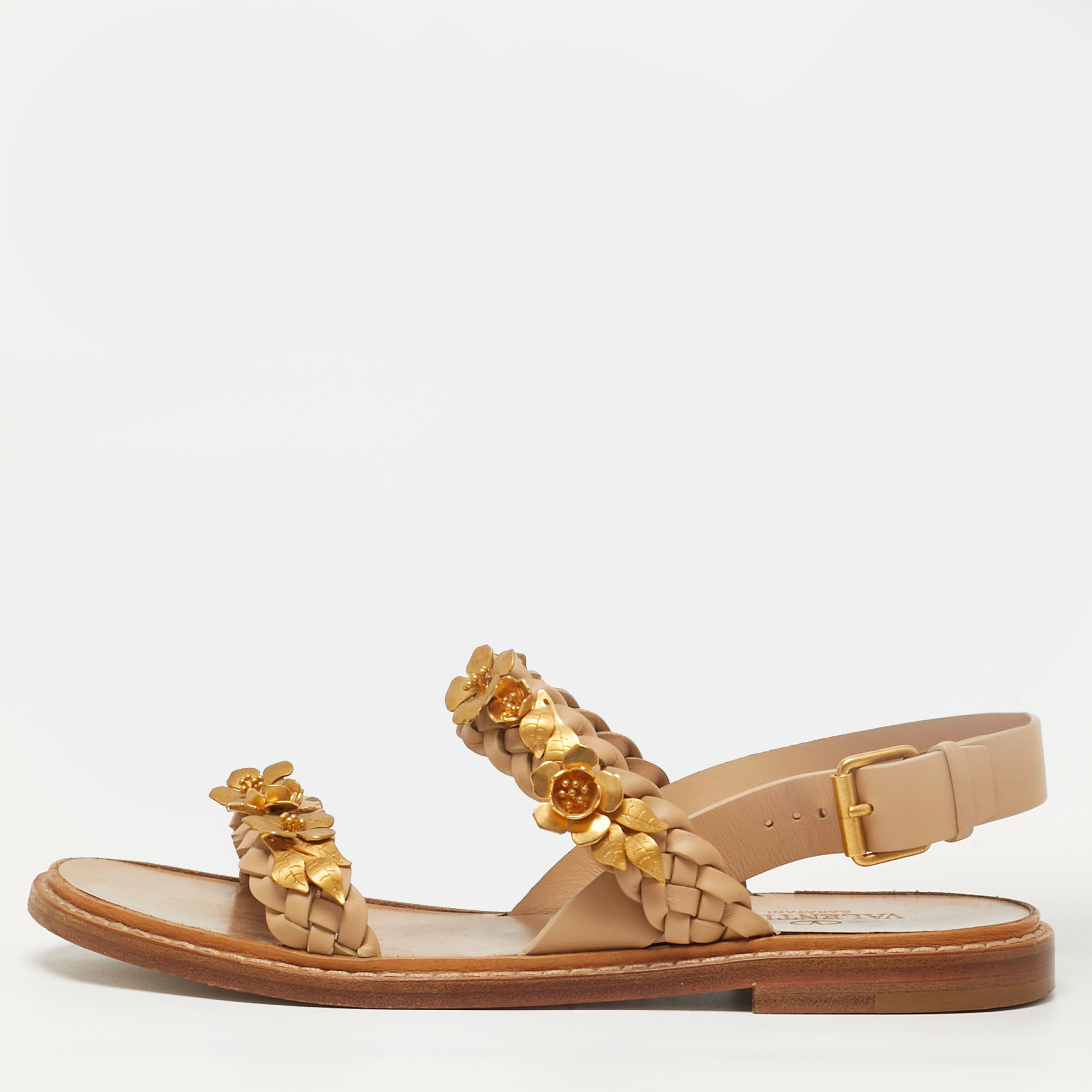 

Valentino Ellis Size  Beige Leather Floral Embellished Ankle Strap Sandals