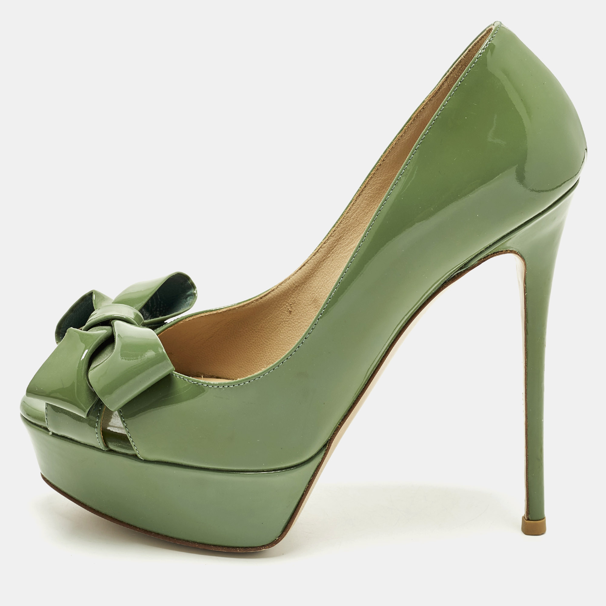 

Valentino Couture Size  Green Patent Leather Bow Peep Toe Platform Pumps