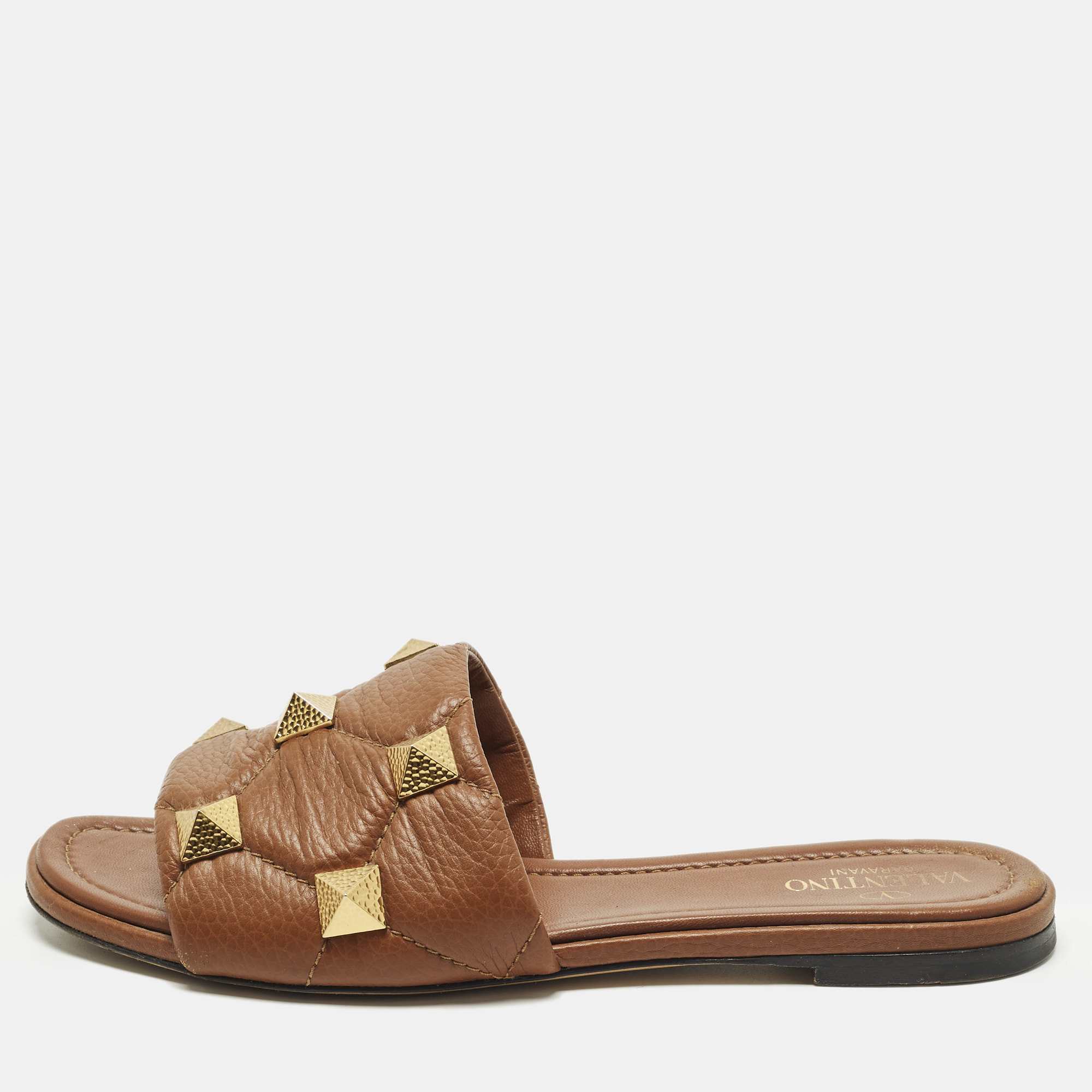 

Valentino Roman Stud Size  Brown Leather Flat Sandals