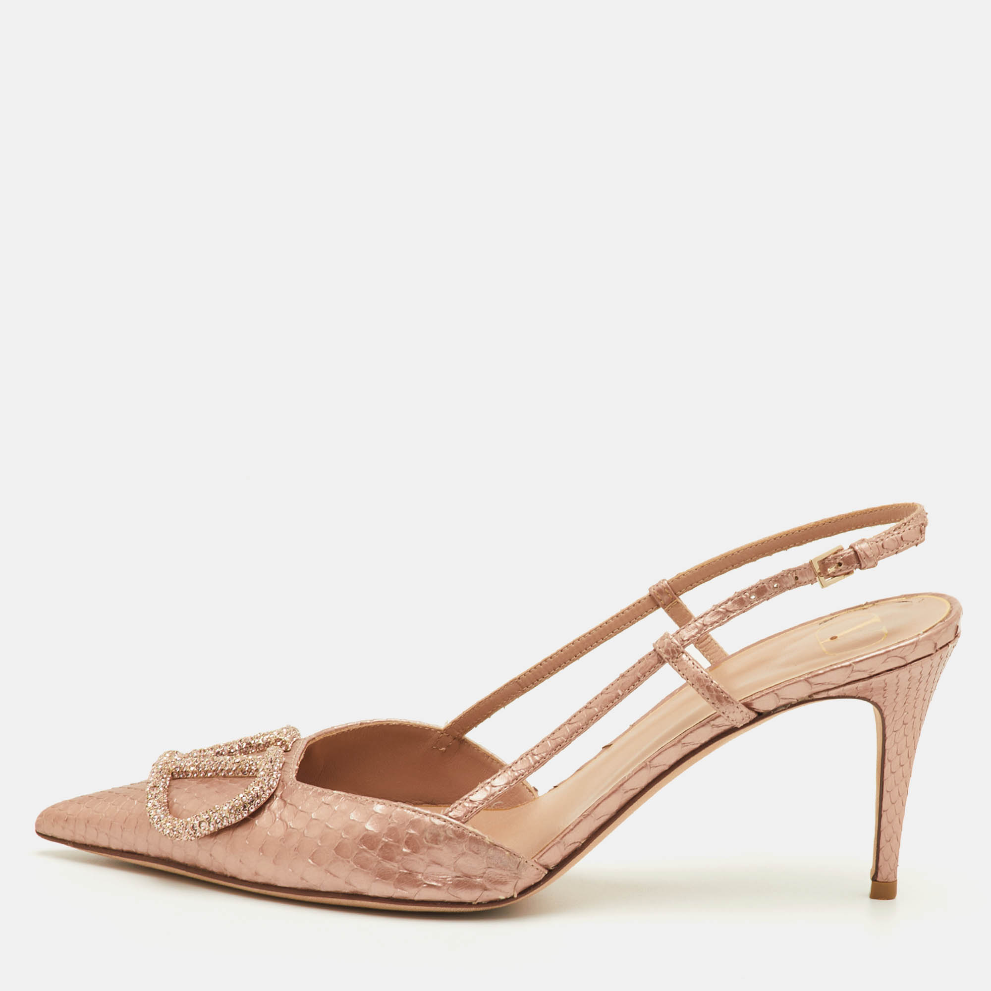 

Valentino VLogo Size  Metallic Rose Snakeskin Leather Slingback Pumps