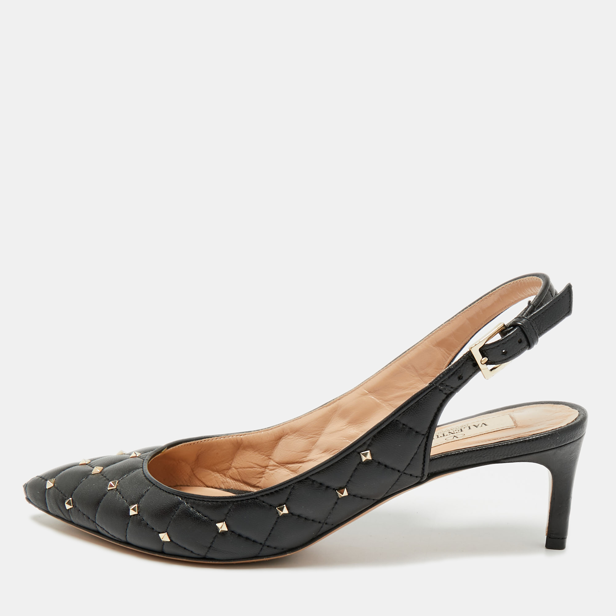 

Valentino Rockstud Size  Black Quilted Leather Slingback Pumps