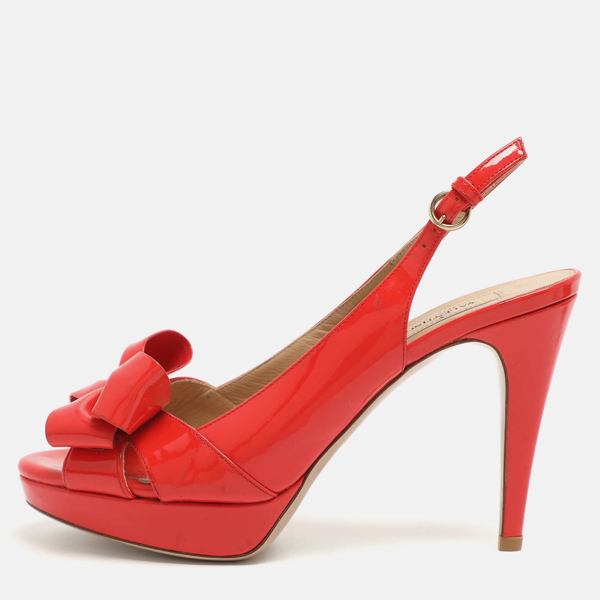 Pre-owned Valentino Garavani Bow Size 37 Red Patent Leather Slingback Platform Sandals